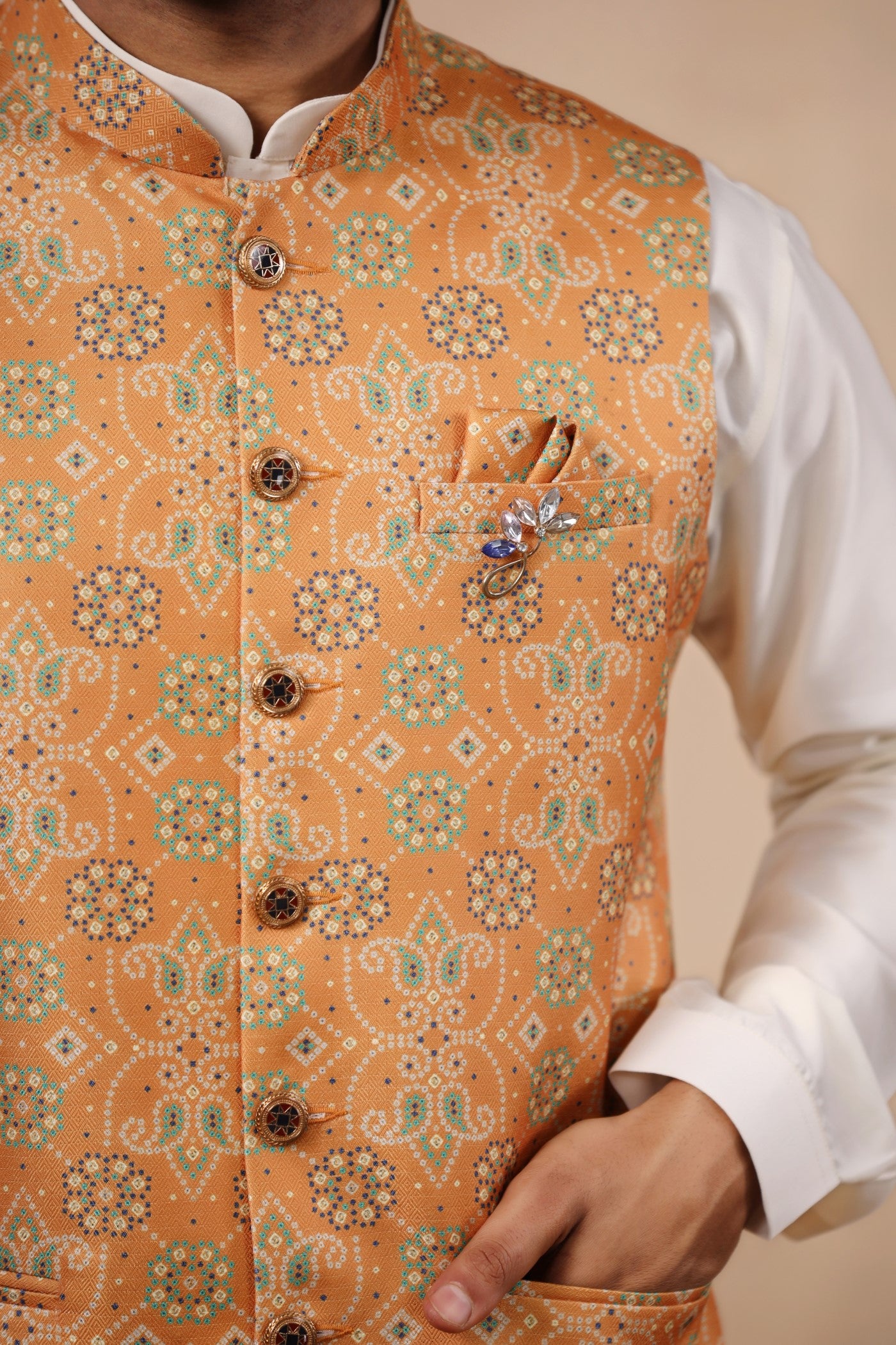 Mustard Color Print Waist Coat For Men
