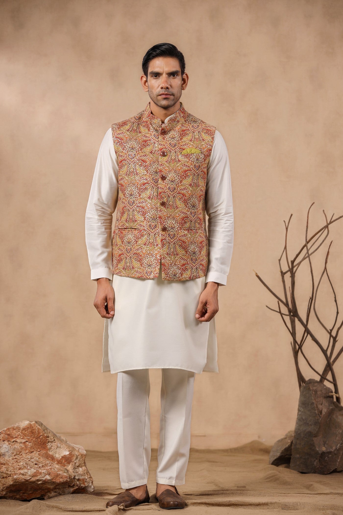 Mustard Color Embroidery Waist Coat For Men