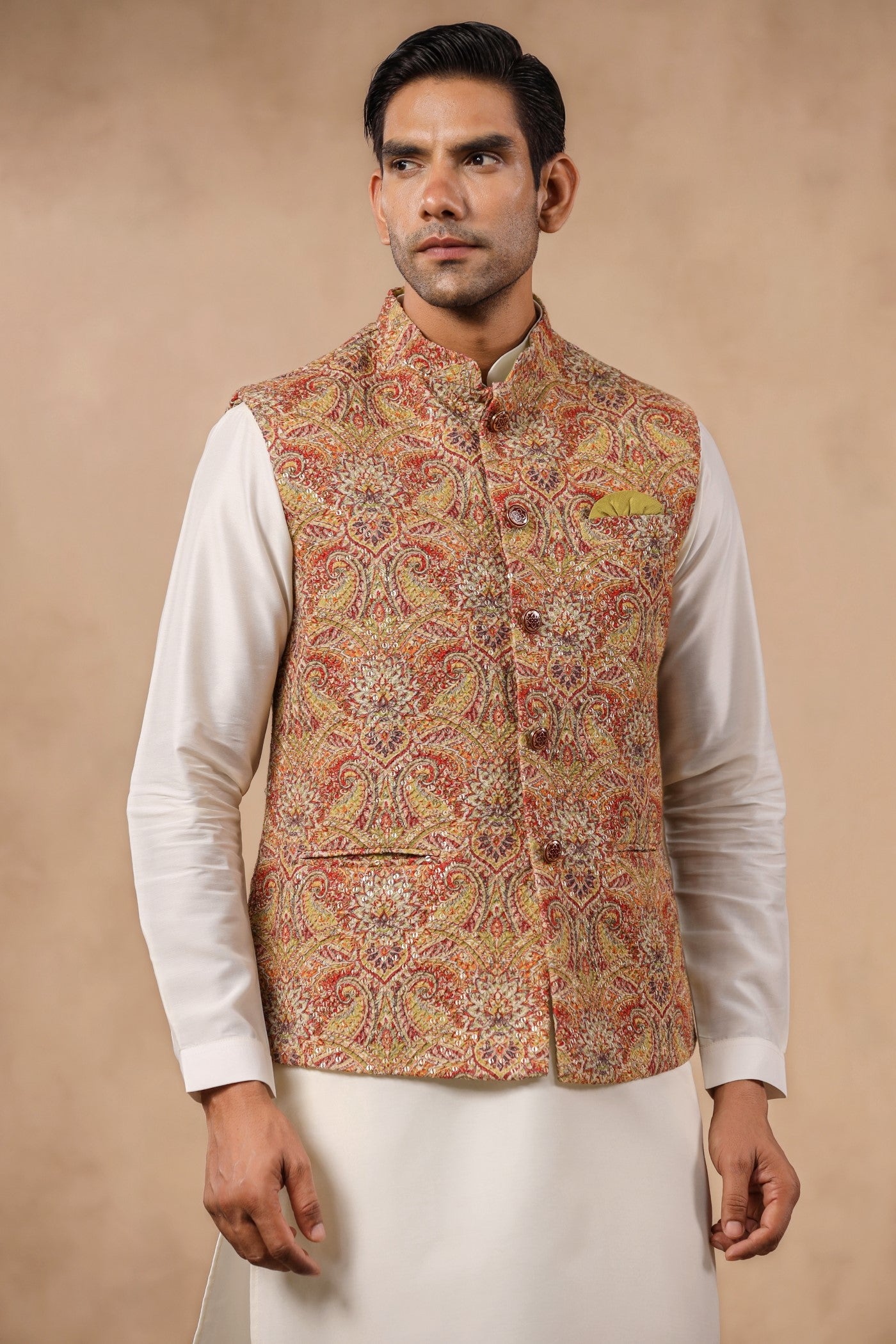 Mustard Color Embroidery Waist Coat For Men
