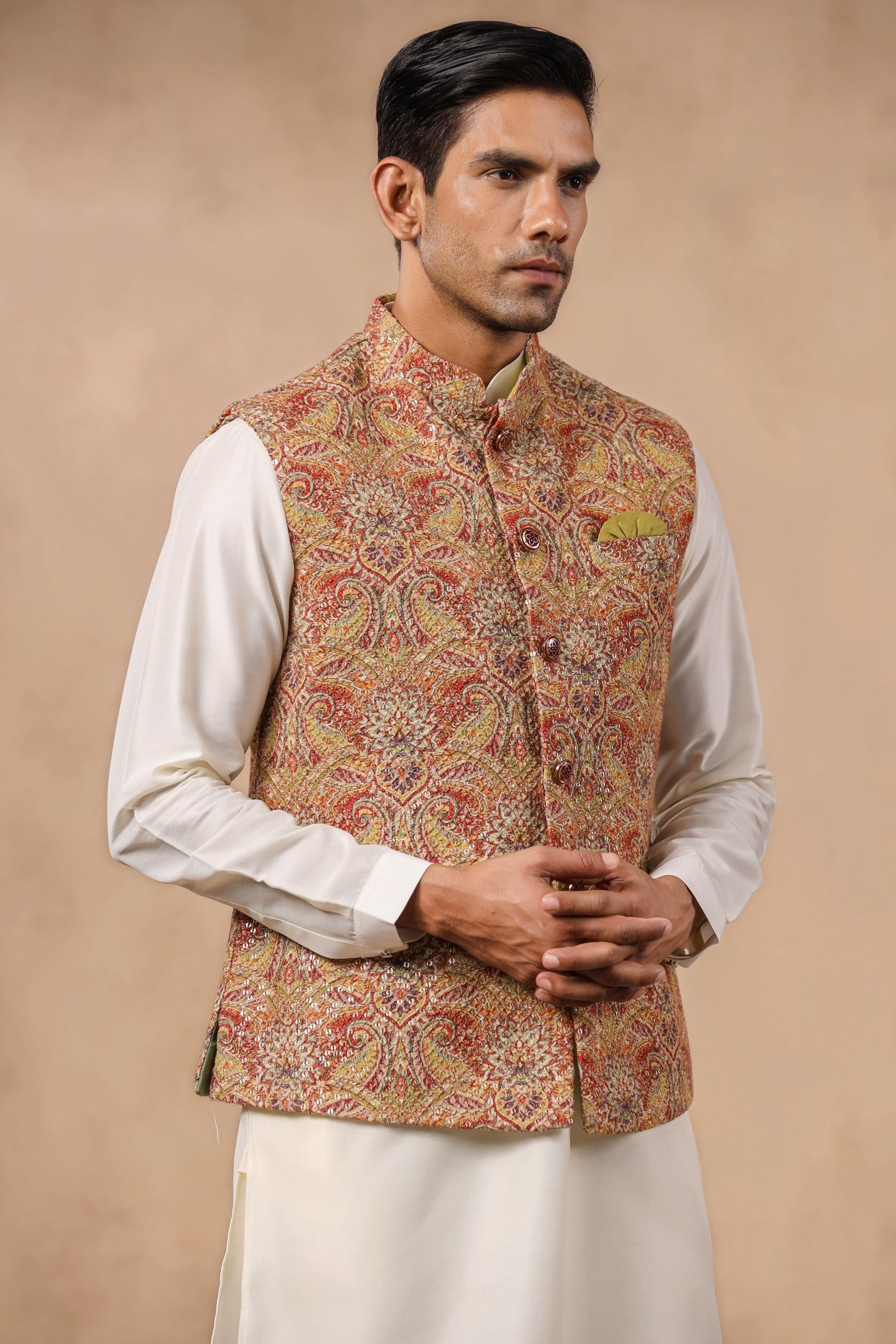 Mustard Color Embroidery Waist Coat For Men