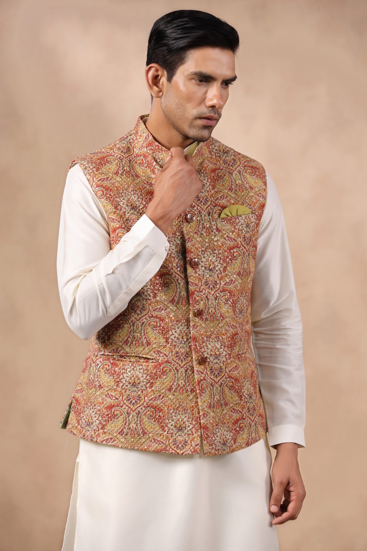Mustard Color Embroidery Waist Coat For Men