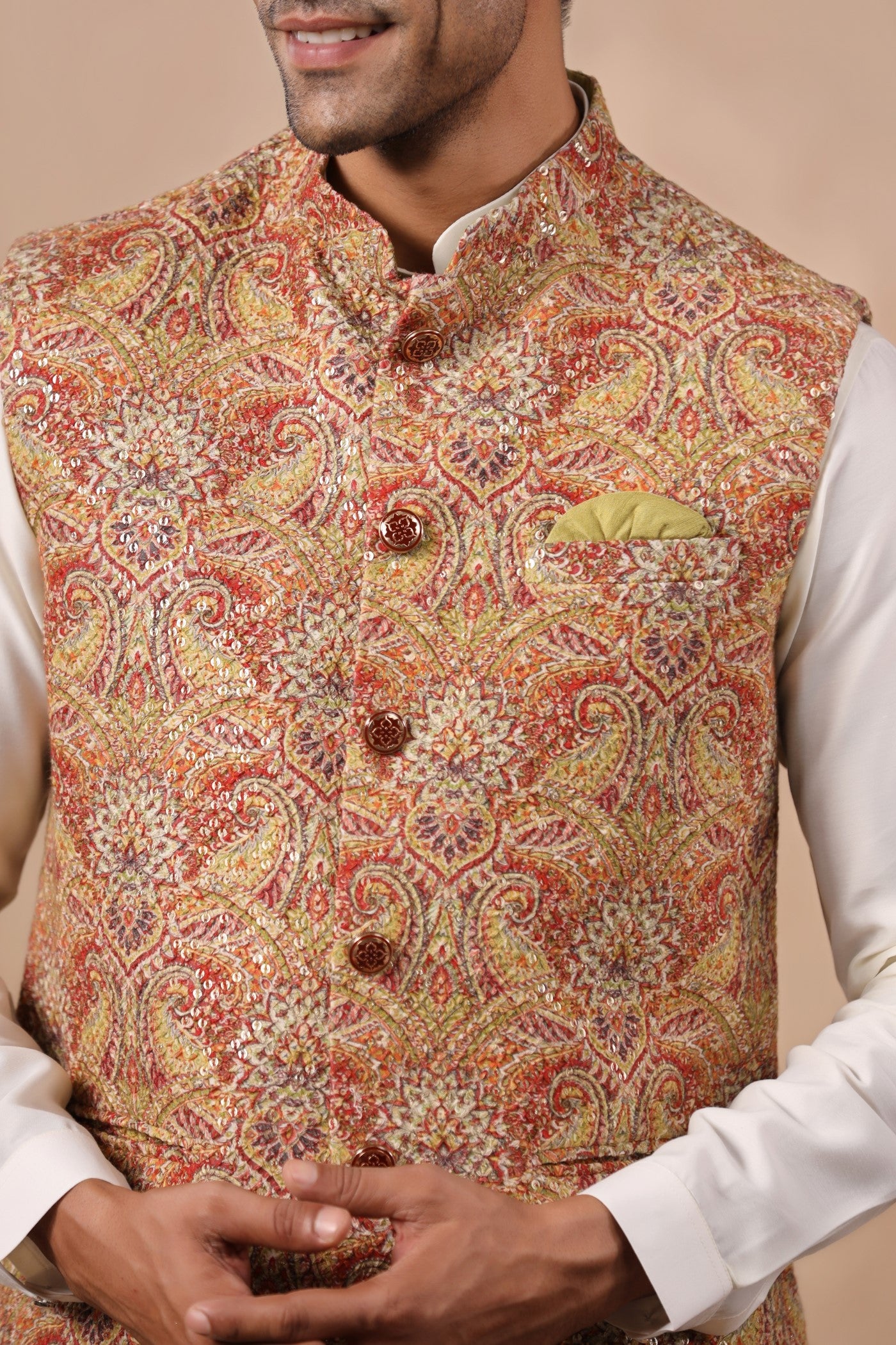 Mustard Color Embroidery Waist Coat For Men