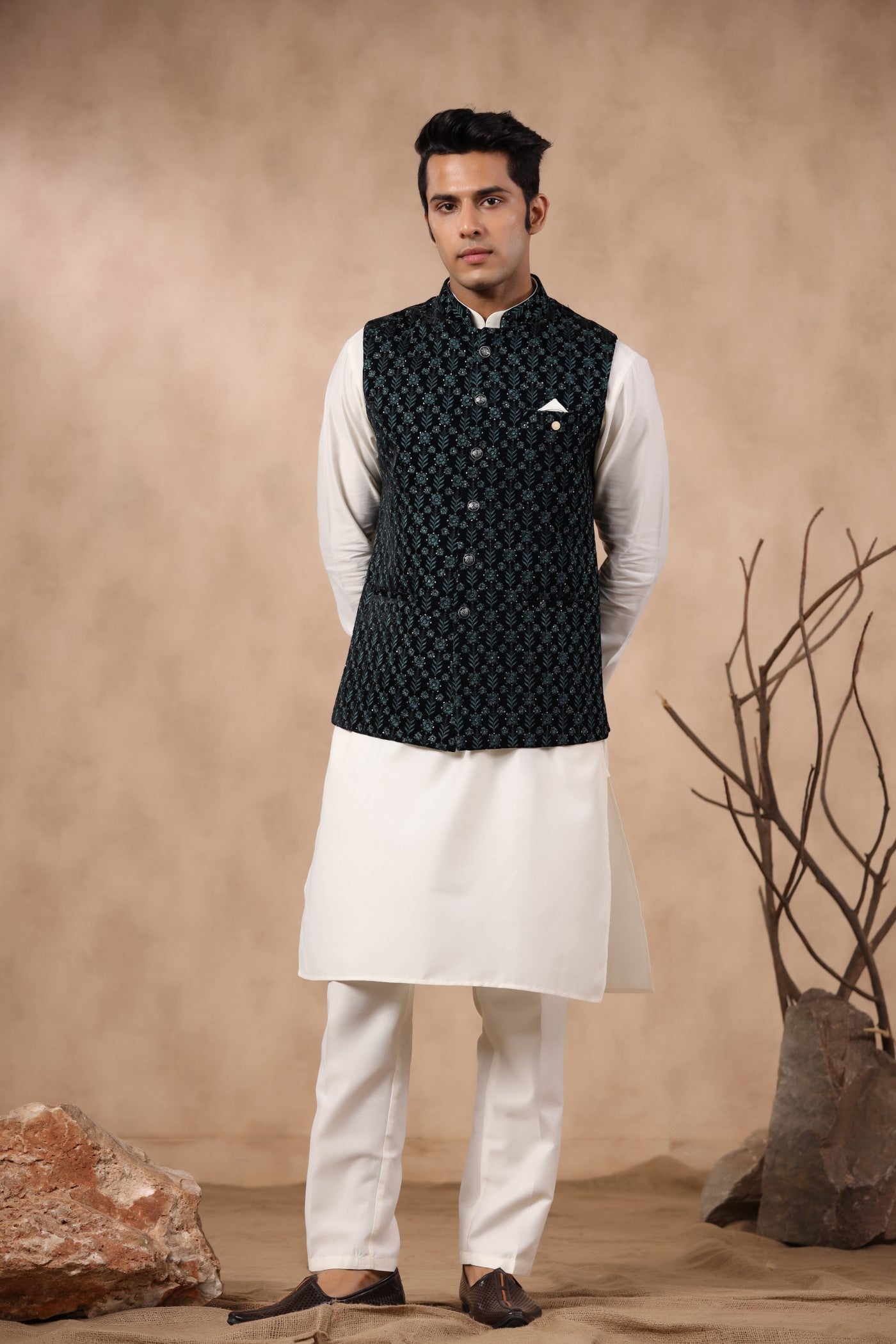 Rama Green Embroidery Waist Coat For Men