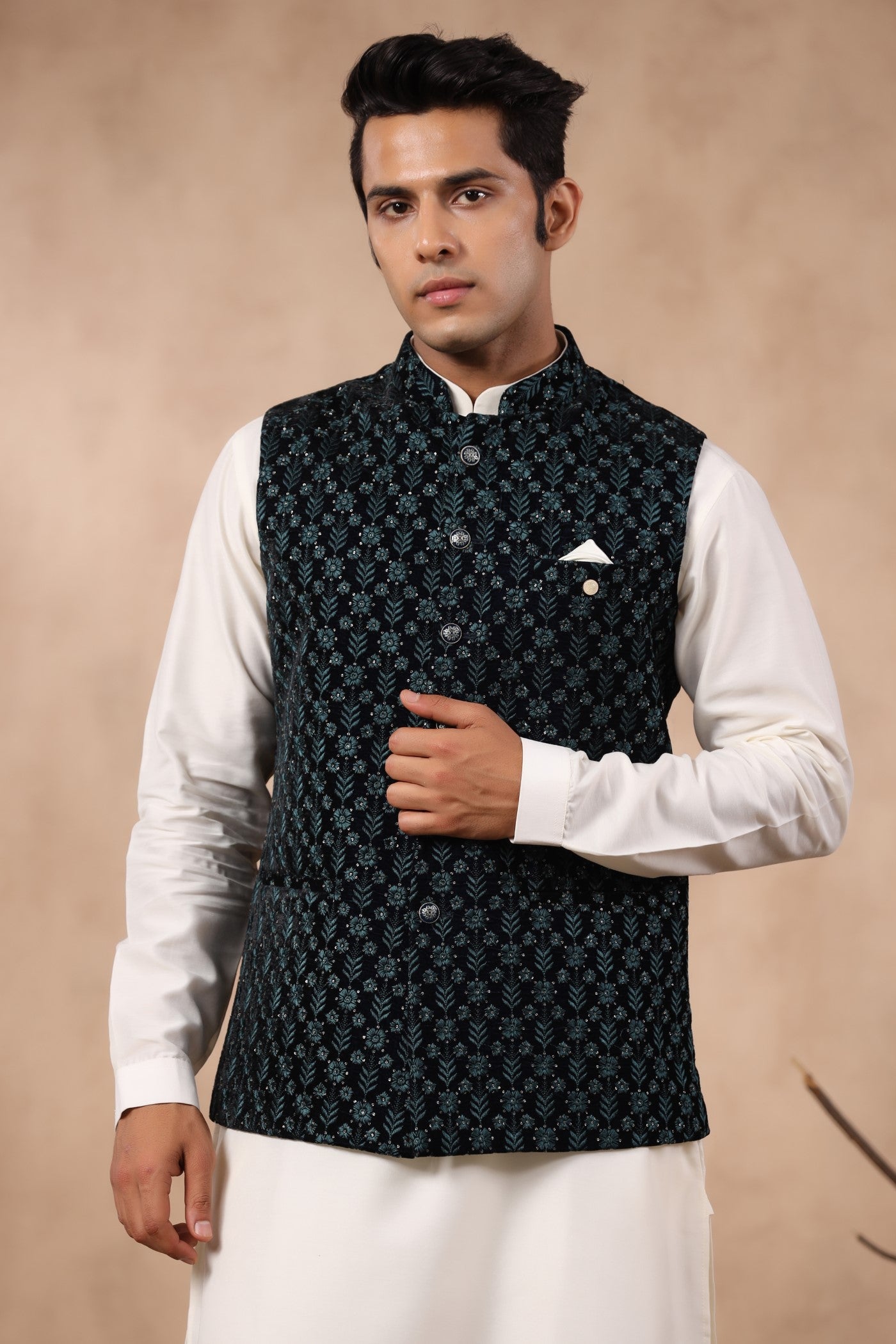 Rama Green Embroidery Waist Coat For Men