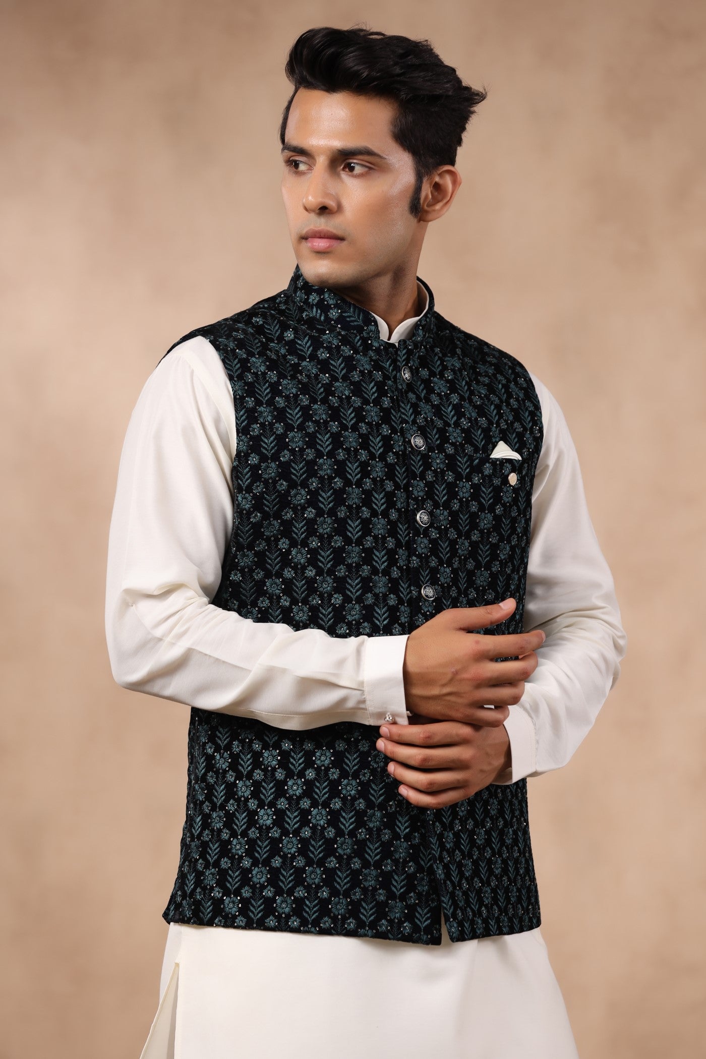 Rama Green Embroidery Waist Coat For Men