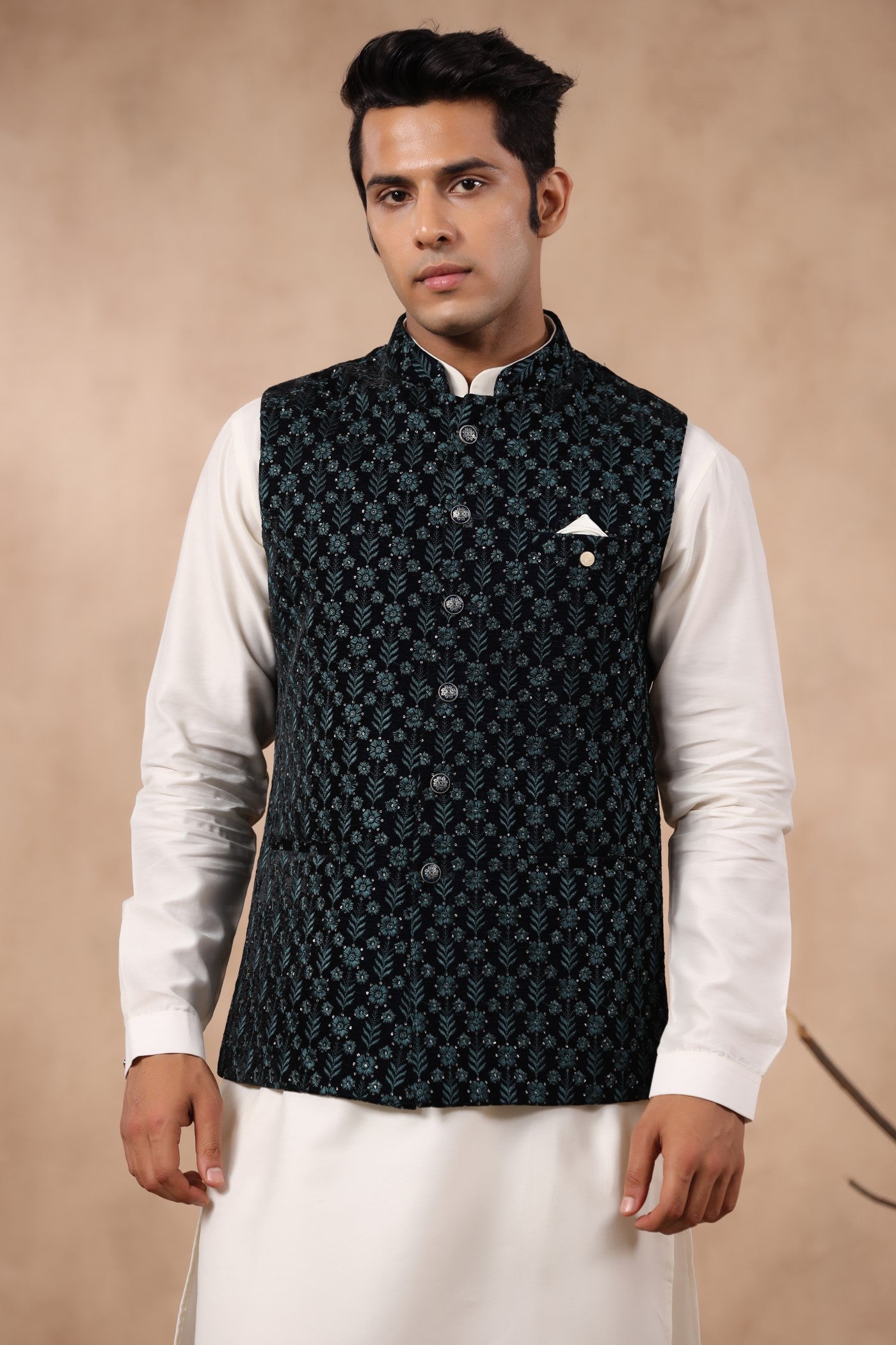 Rama Green Embroidery Waist Coat For Men