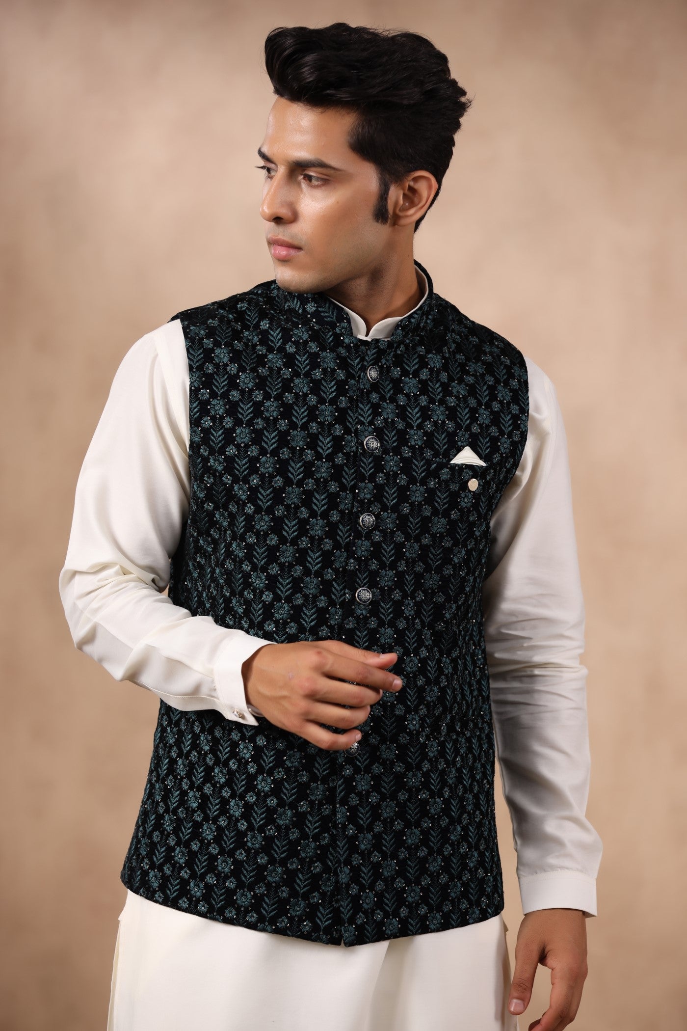 Rama Green Embroidery Waist Coat For Men