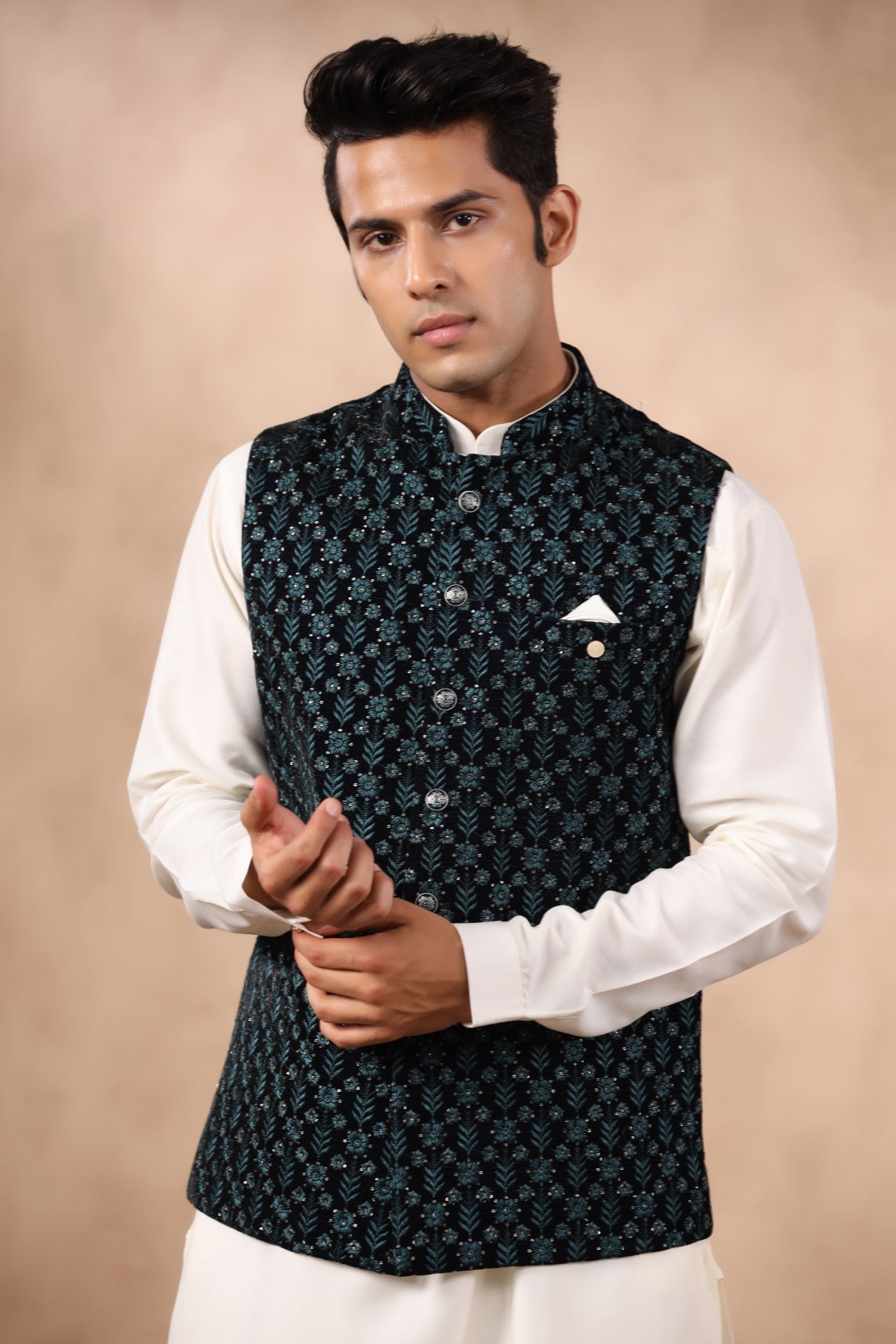 Rama Green Embroidery Waist Coat For Men