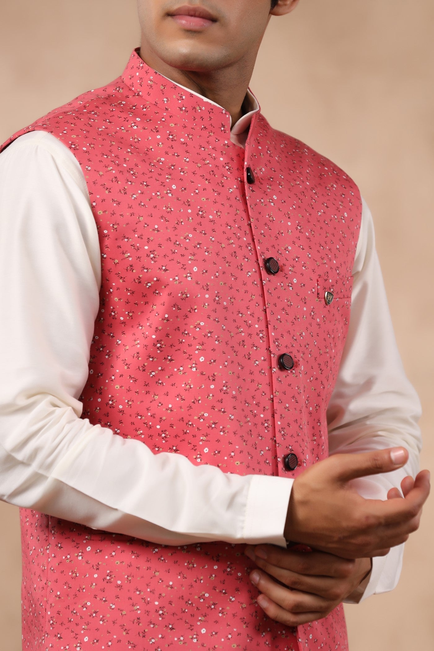 Carrot Color Floral Print Waist Coat For Men