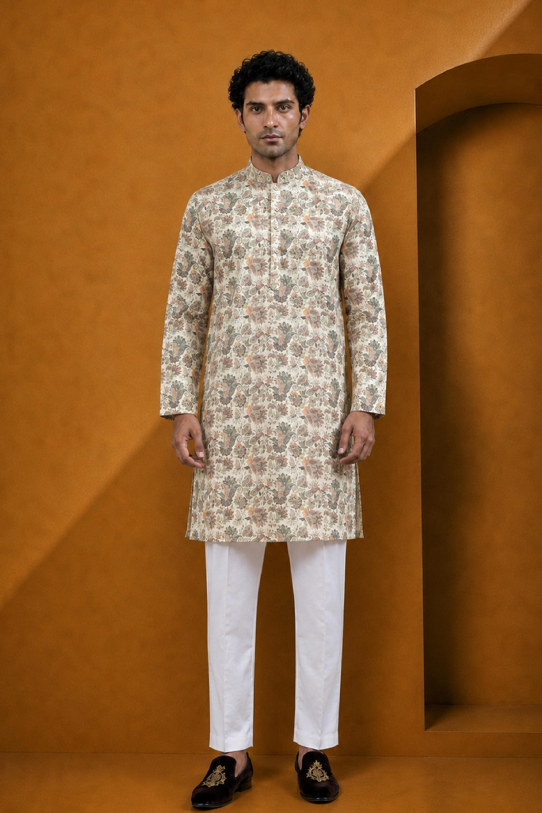 Men's Fawn Multi Floral Printed Kurta Pajama Set
