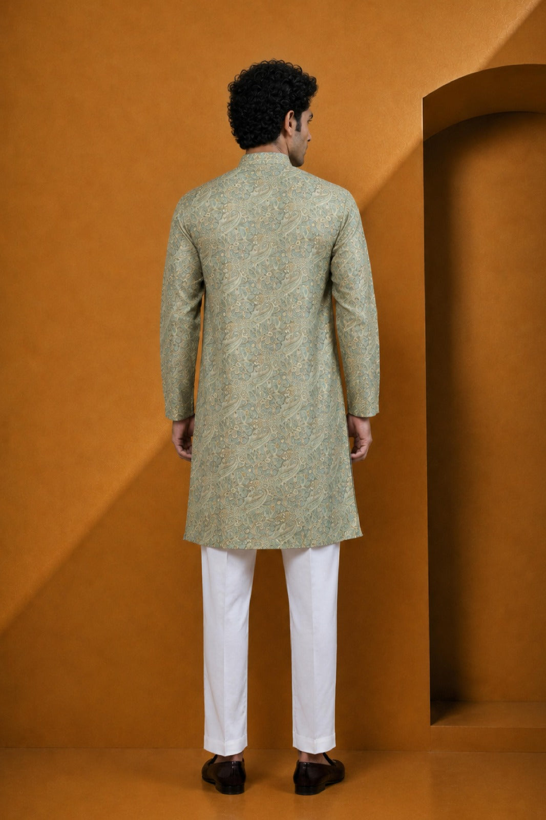 Men's Pista Paisley Printed Kurta Pajama Set