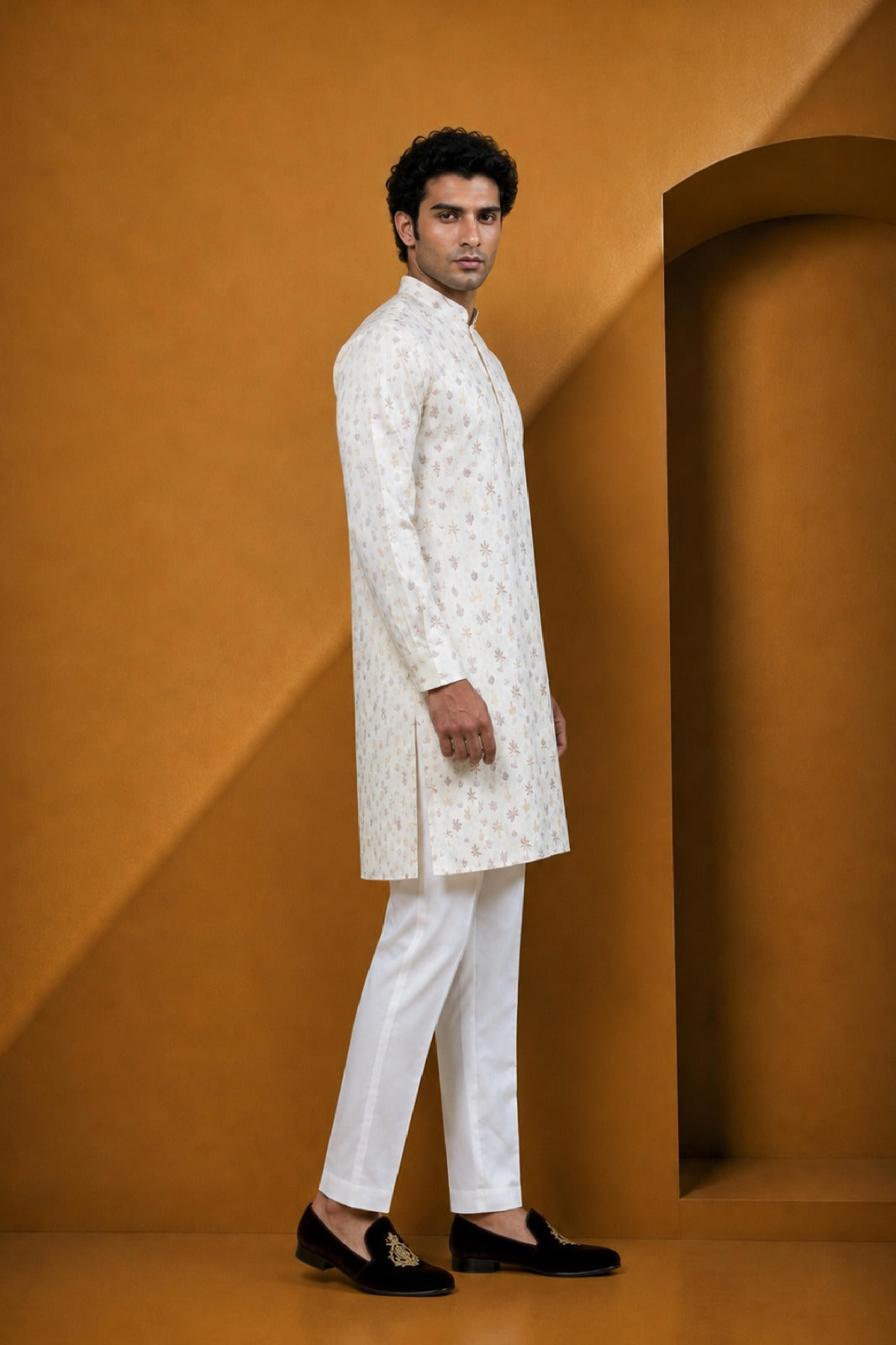 Men's Cream Onion Floral Printed Kurta Pajama Set
