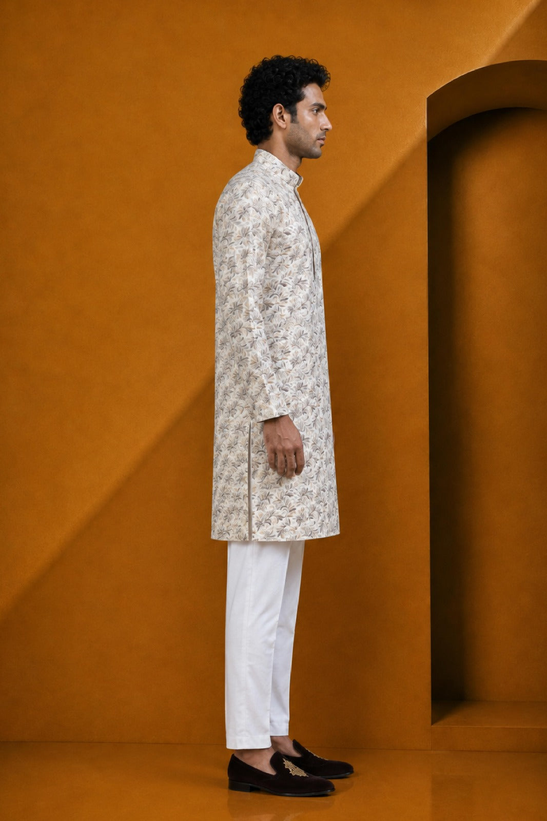 Men's Fawn Off White Floral Printed Kurta Pajama Set