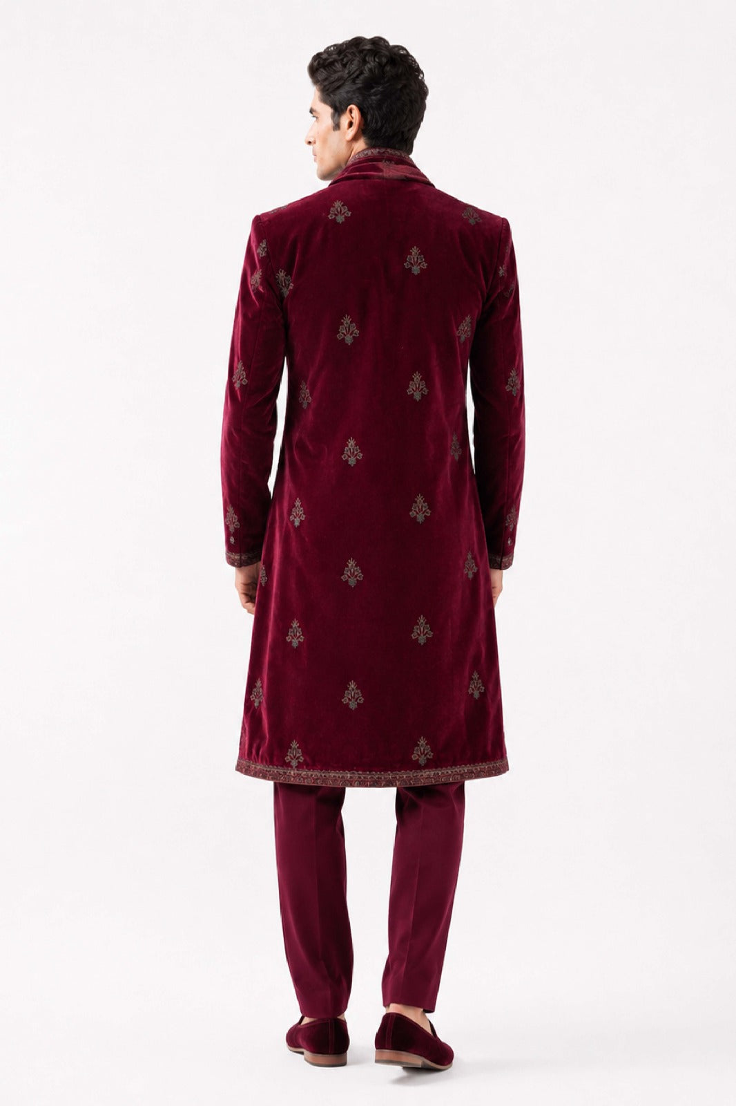 Wine Velvet Embroidered Indo Western with Dupatta