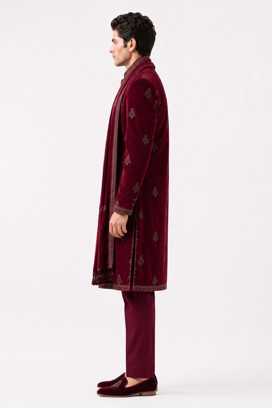 Wine Velvet Embroidered Indo Western with Dupatta