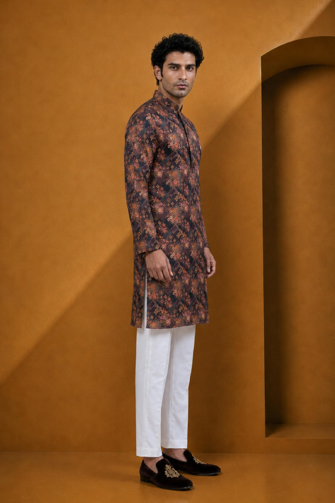 Men's Premium Wine Floral Printed Kurta Pajama Set