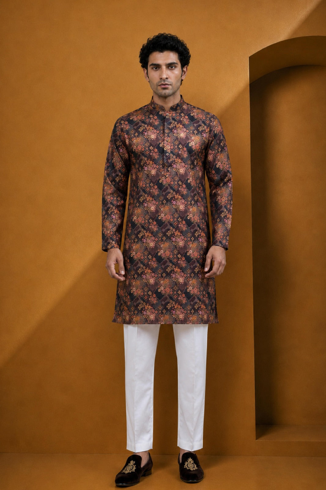 Men's Premium Wine Floral Printed Kurta Pajama Set