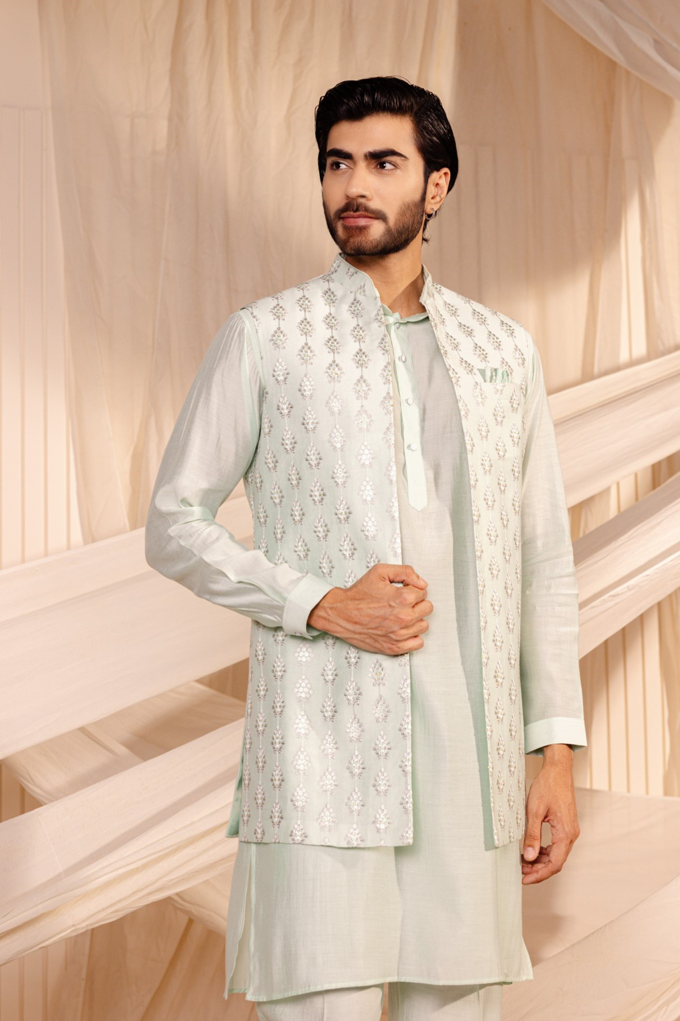 Wedding Wear Kurta Pajama With Embroidered Jacket