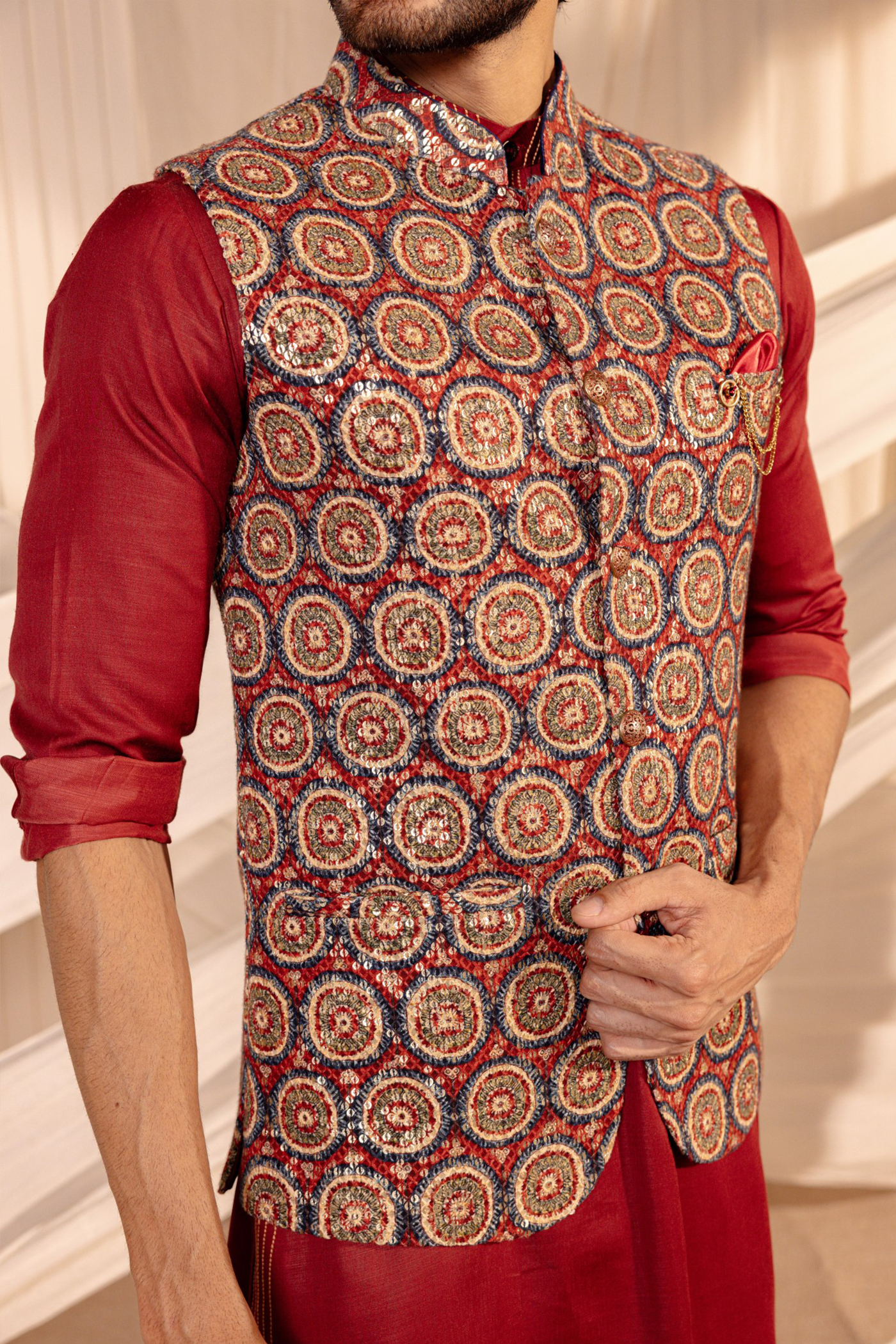 Mehroon Colour Embroidery Jodhpuri Jacket Kurta