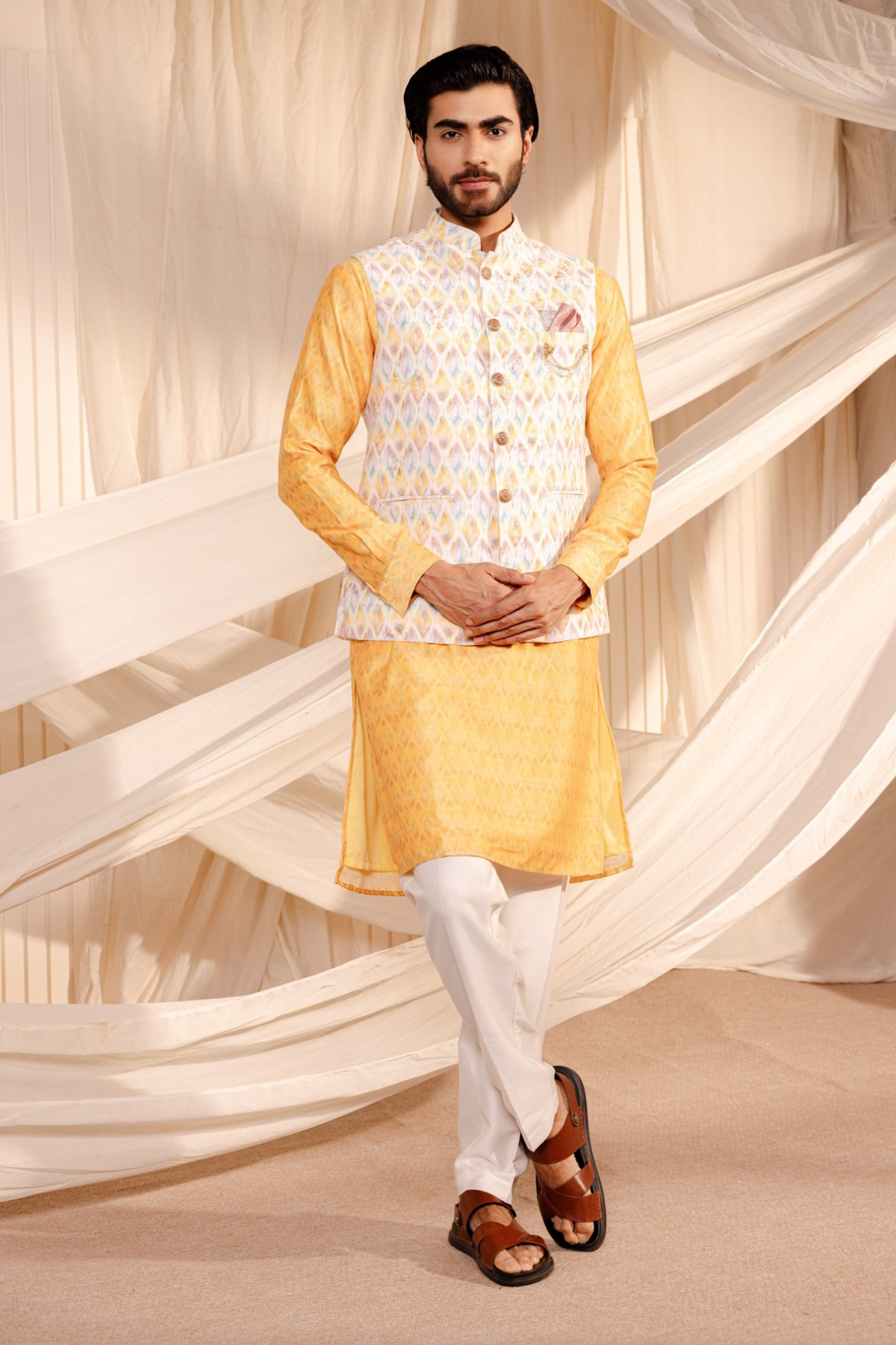 Yellow Floral Kurta With Striped Jacket And Pajama - Bubchic