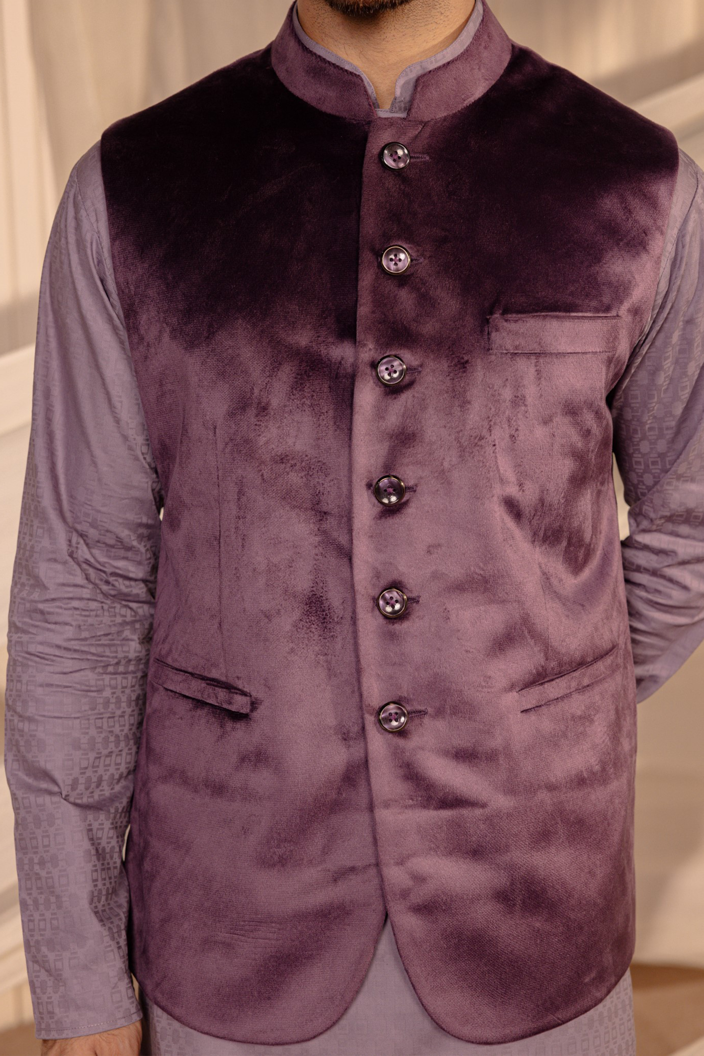 Purple Color Velvet Waist Coat For Men