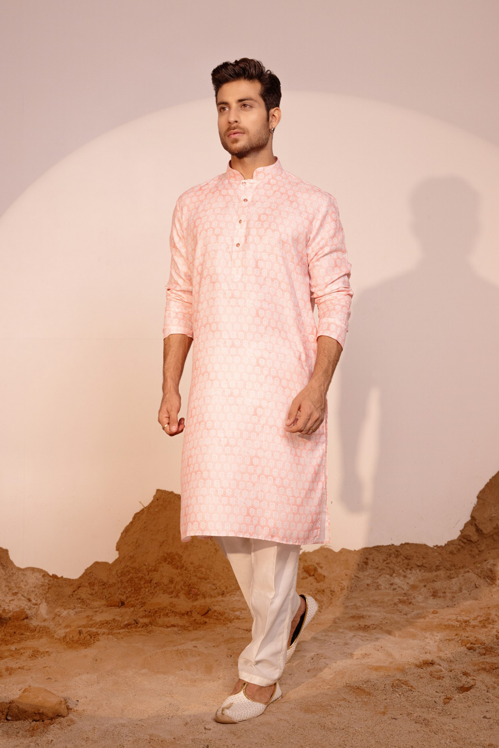 Men’s White, Pink & Orange Floral Kurta with Pyjamas – Vibrant Festive Elegance
