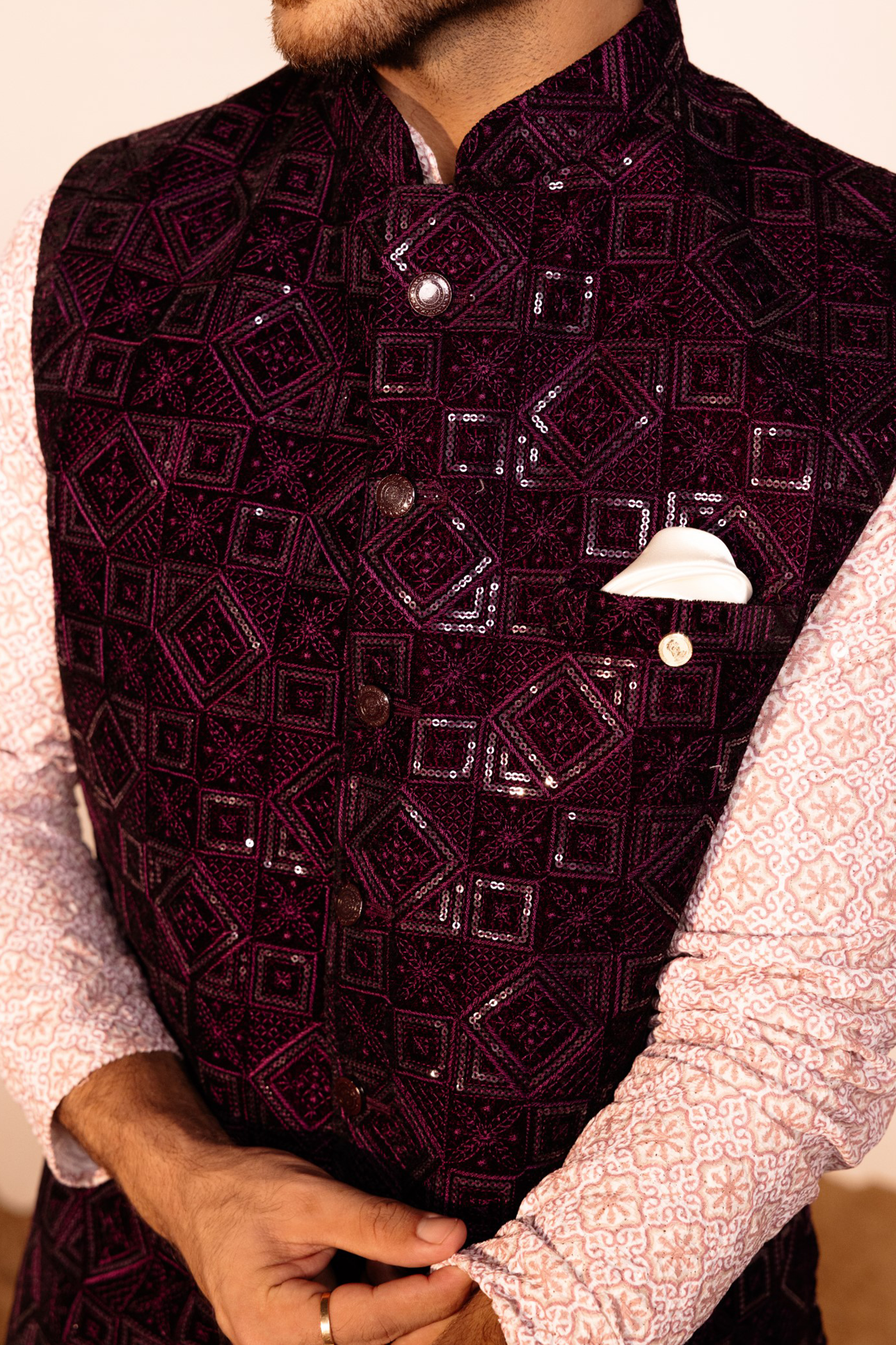 Purple Color Embroidery Velvet Waist Coat For Men