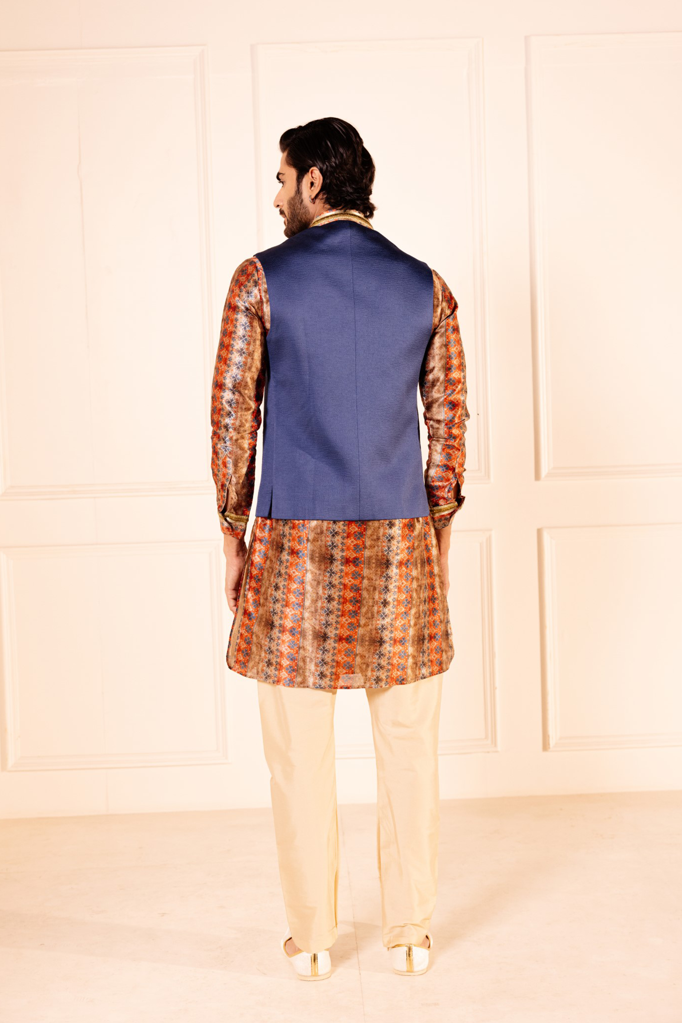Golden Blue Plain Jodhpuri Jacket Kurta Set
