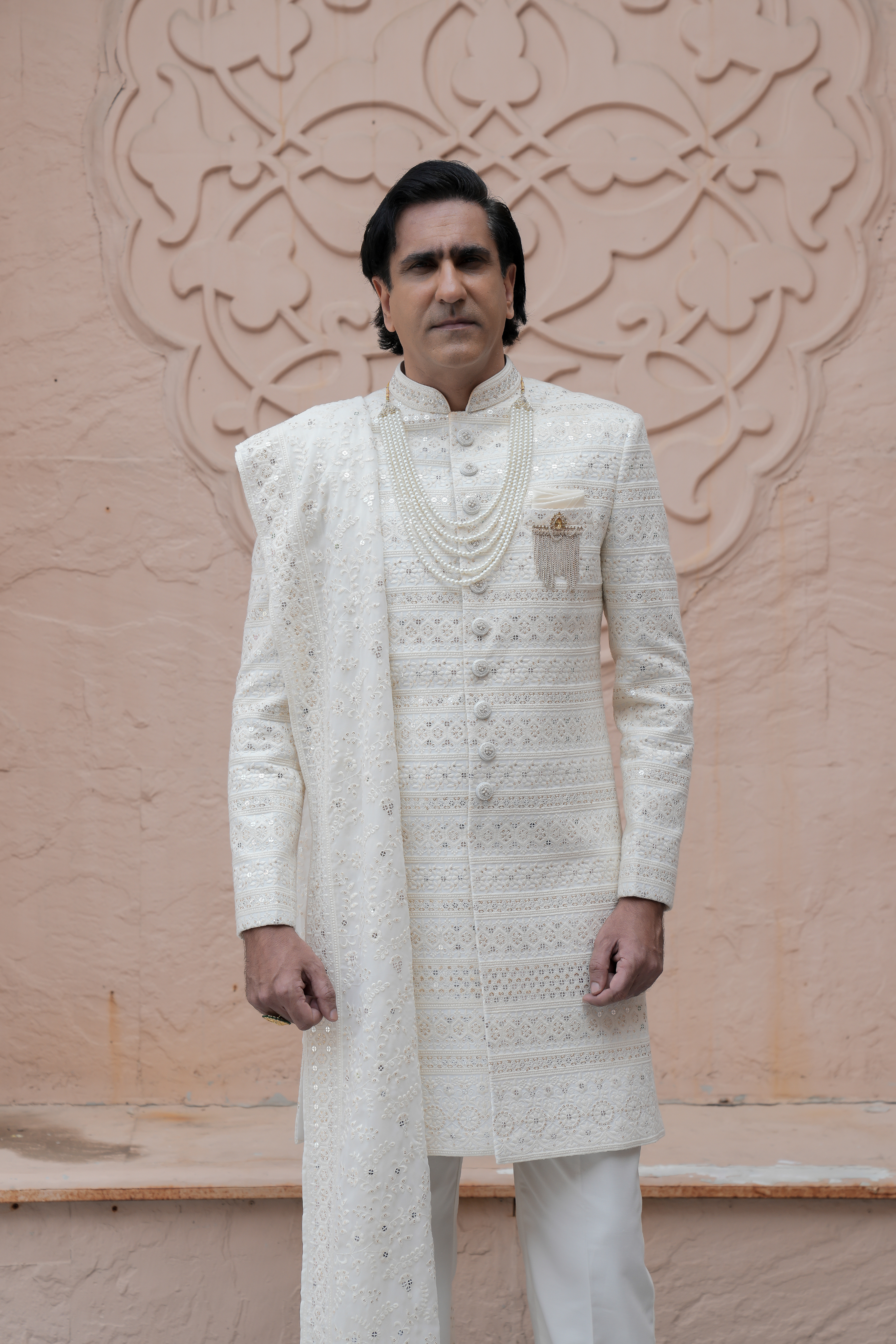 Cream Color Lakhnavi Indo Western Set for Men