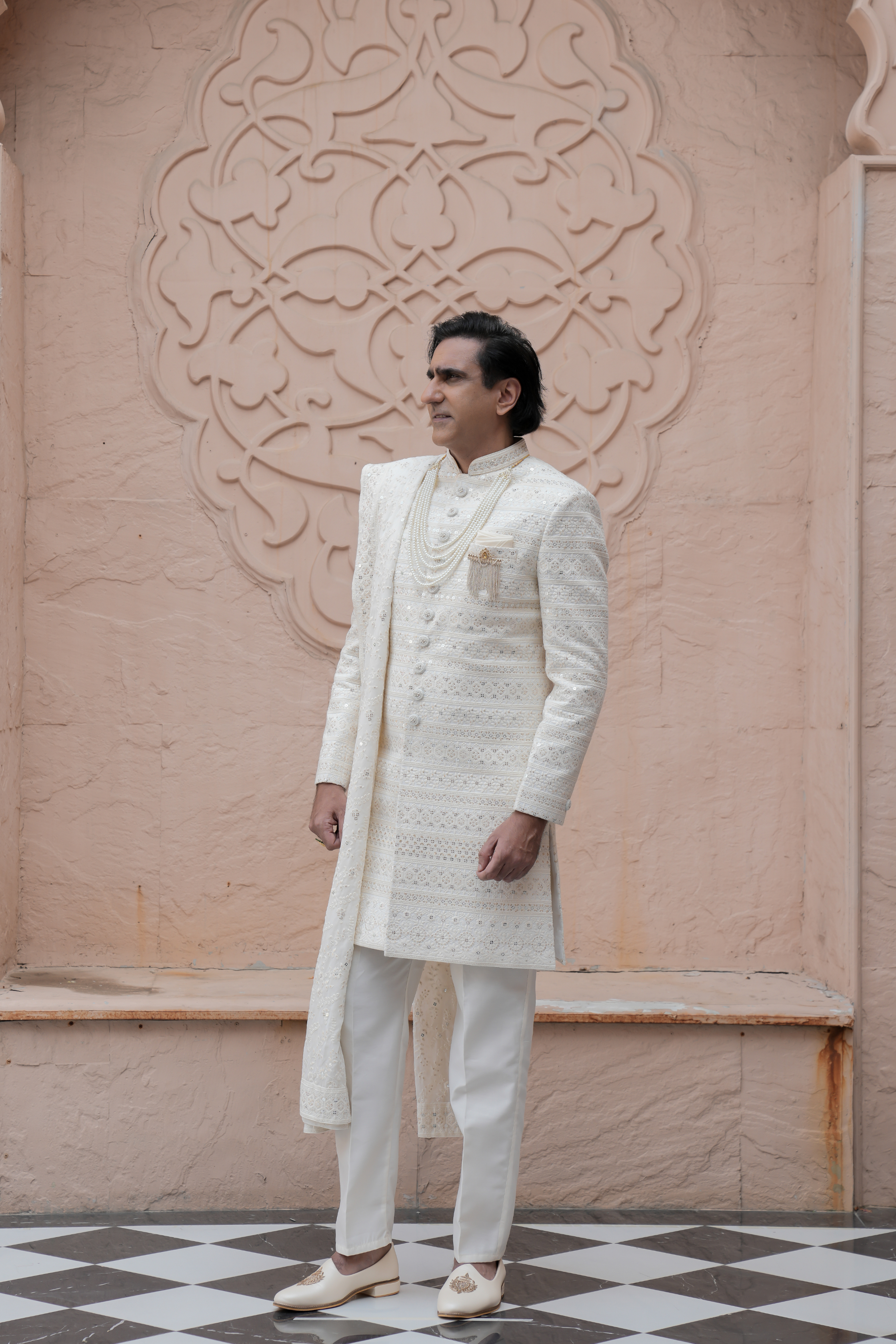 Cream Color Lakhnavi Indo Western Set for Men