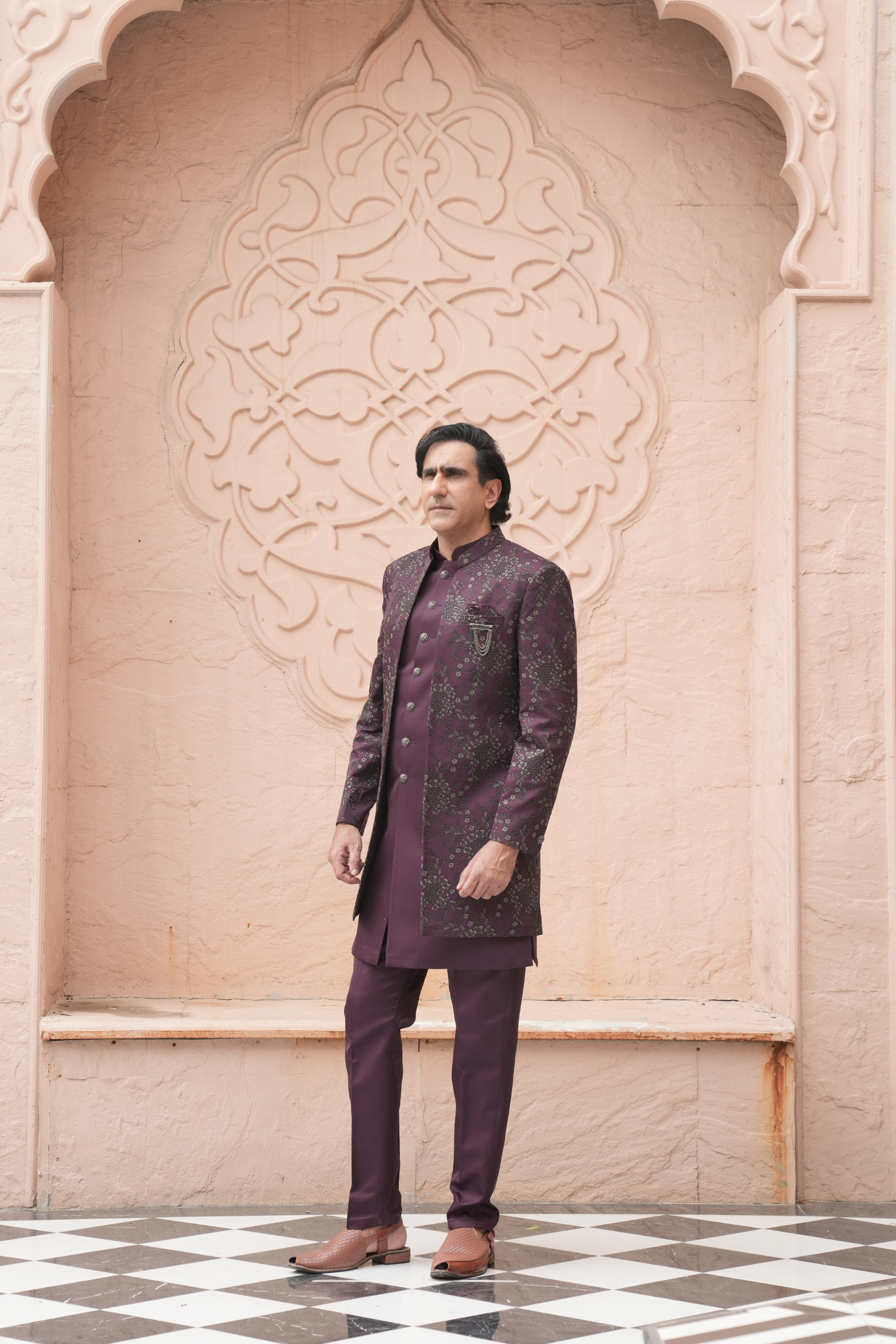 Wine Color Jodhpuri Indo Western Set for Men