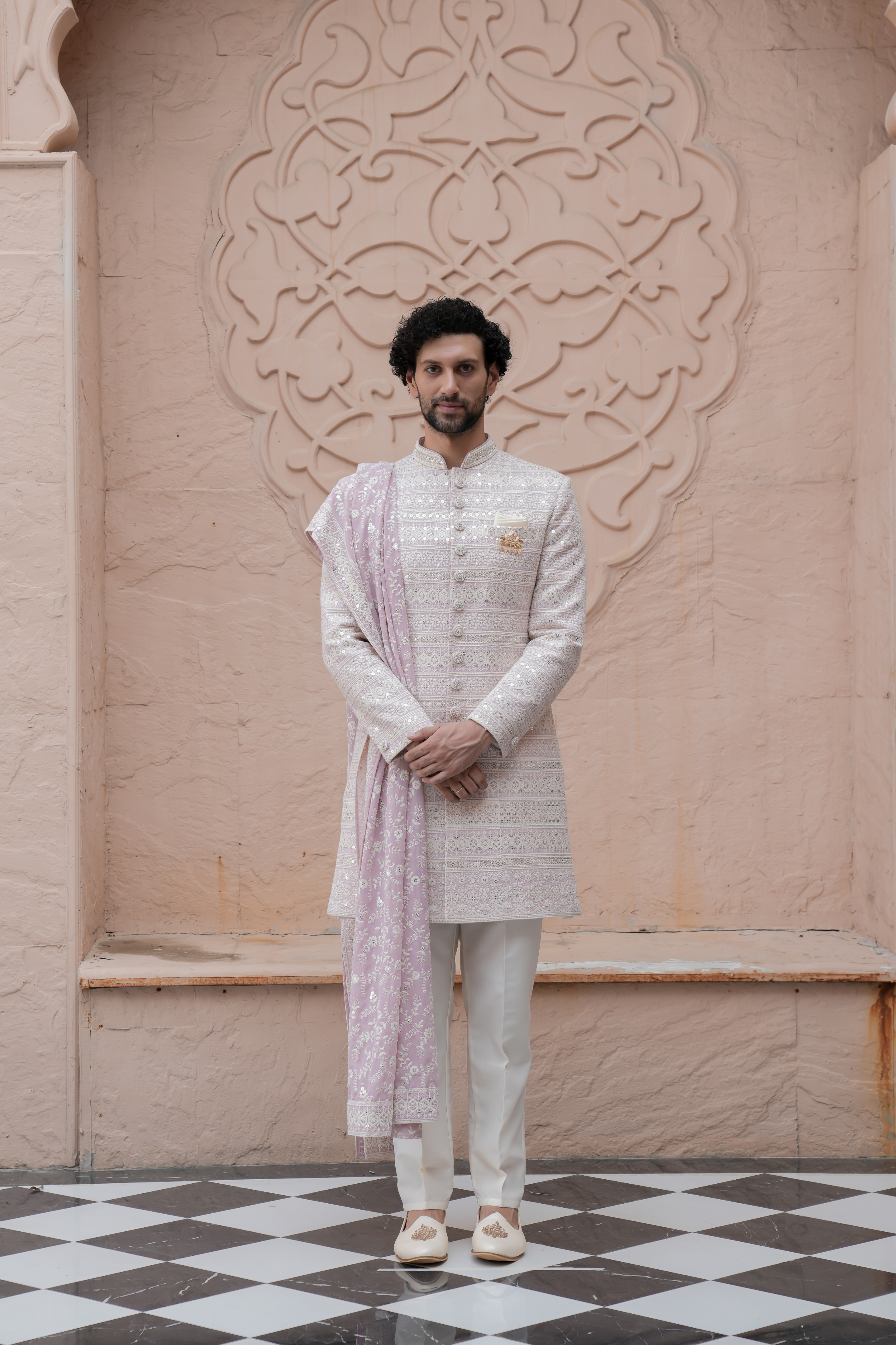 Peach Color Lakhnavi Indo Western Set for Men