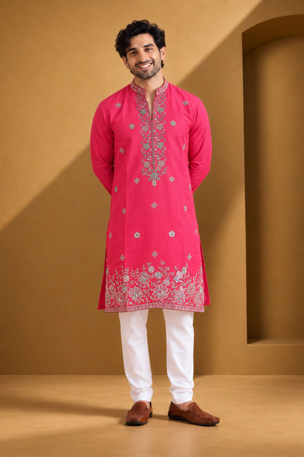 Party Wear Kurta Pajama in Rani with Parallel Pant