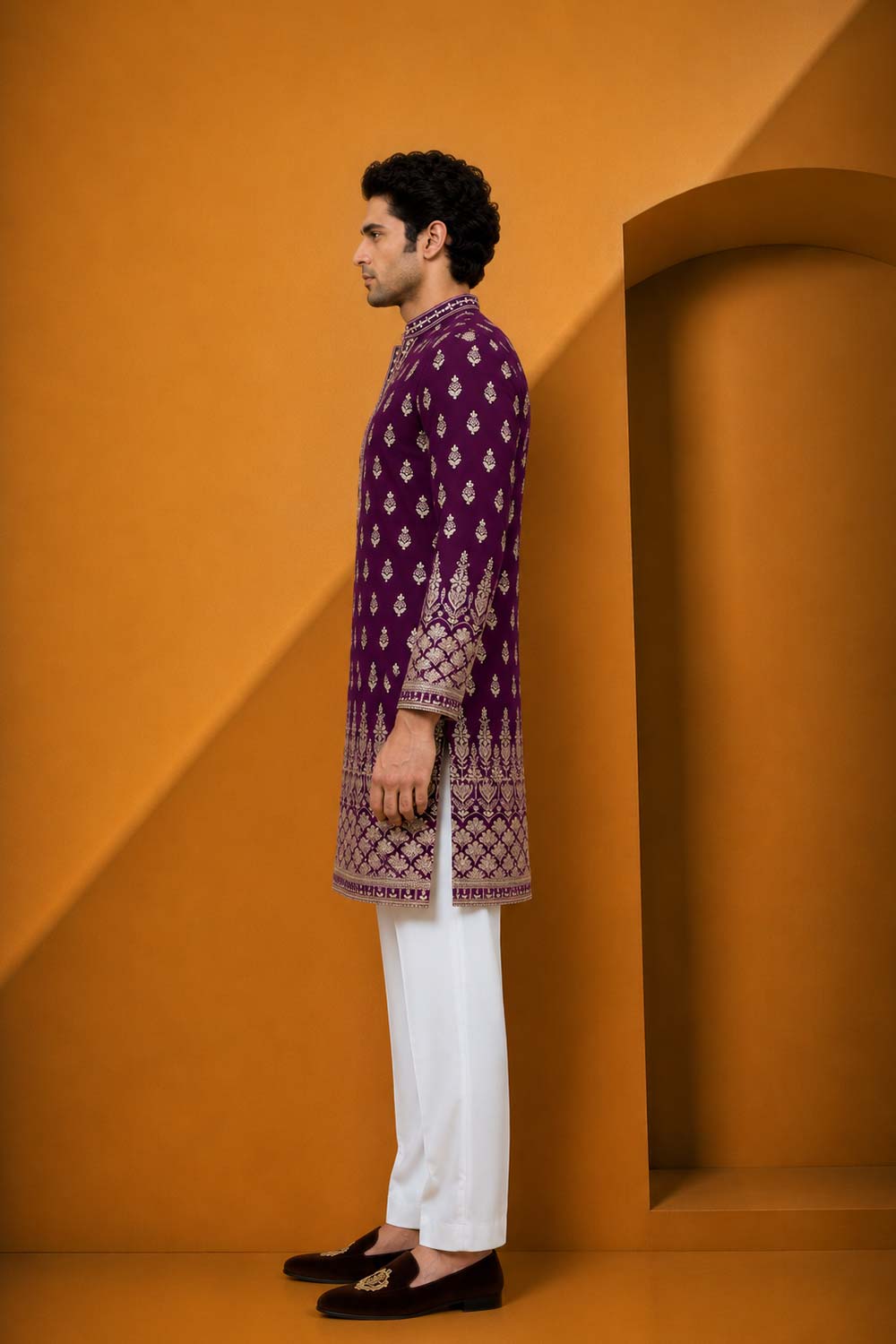 Wine Velvet Embroidery V Neck Designer Kurta Pajama Set for Men