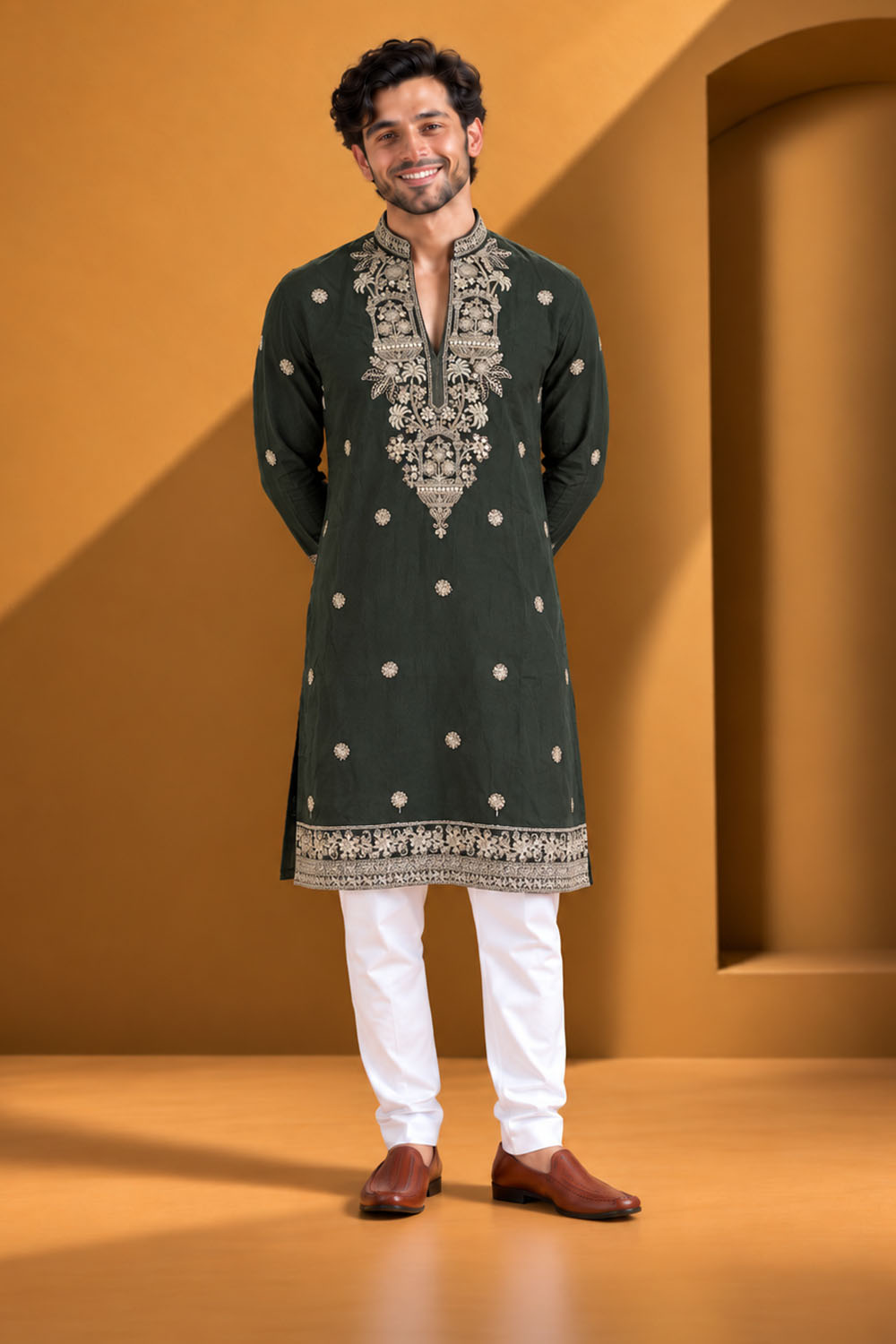 Party Wear Kurta Pajama in Mehandi with Dupatta