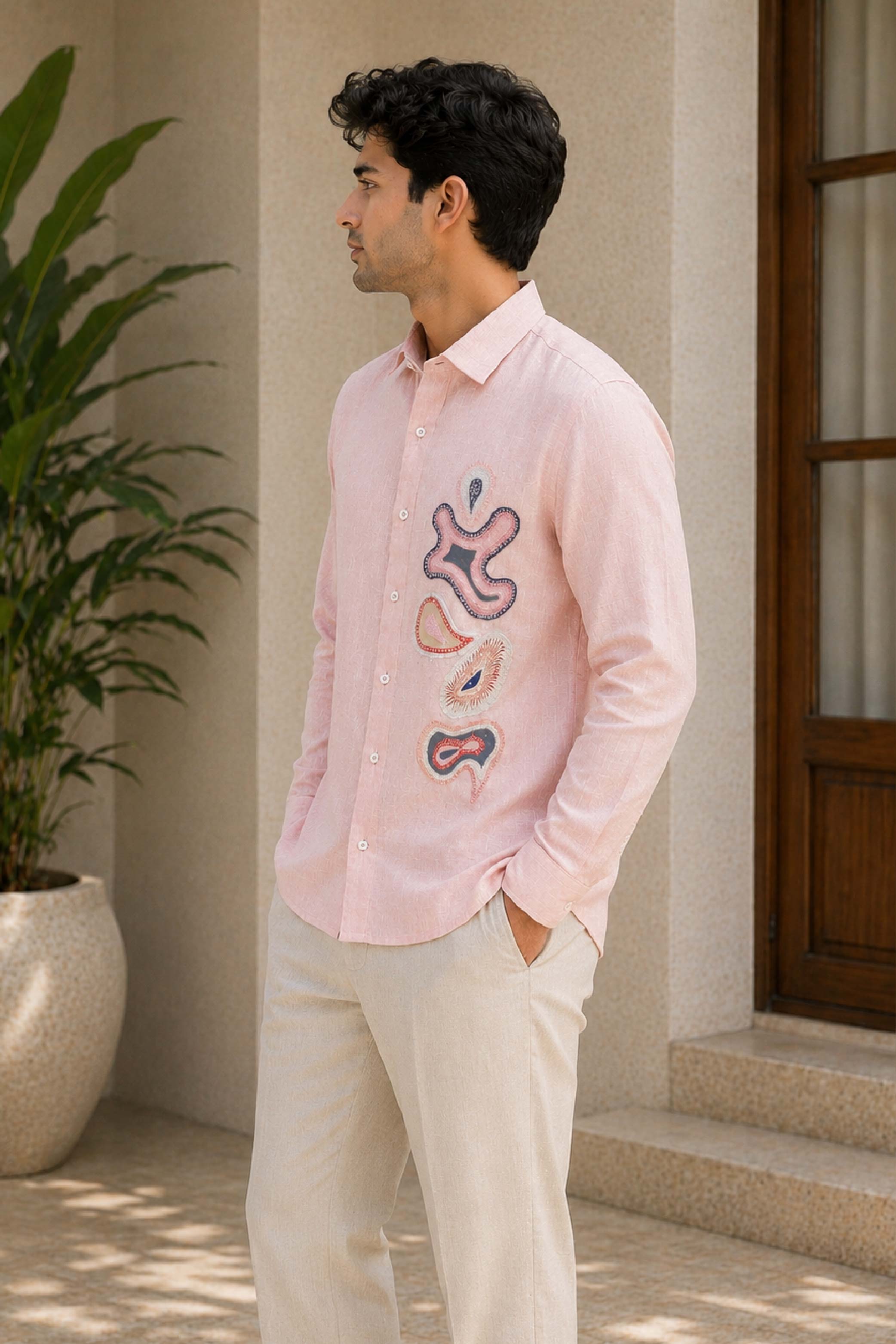 Peach Linen Embroidery Regular Collar Designer FS Shirt for Men