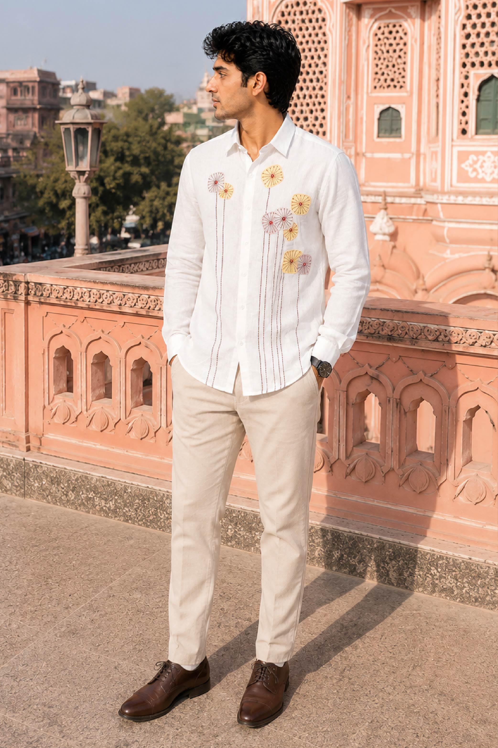 Cream Linen Embroidery Regular Collar Designer FS Shirt for Men