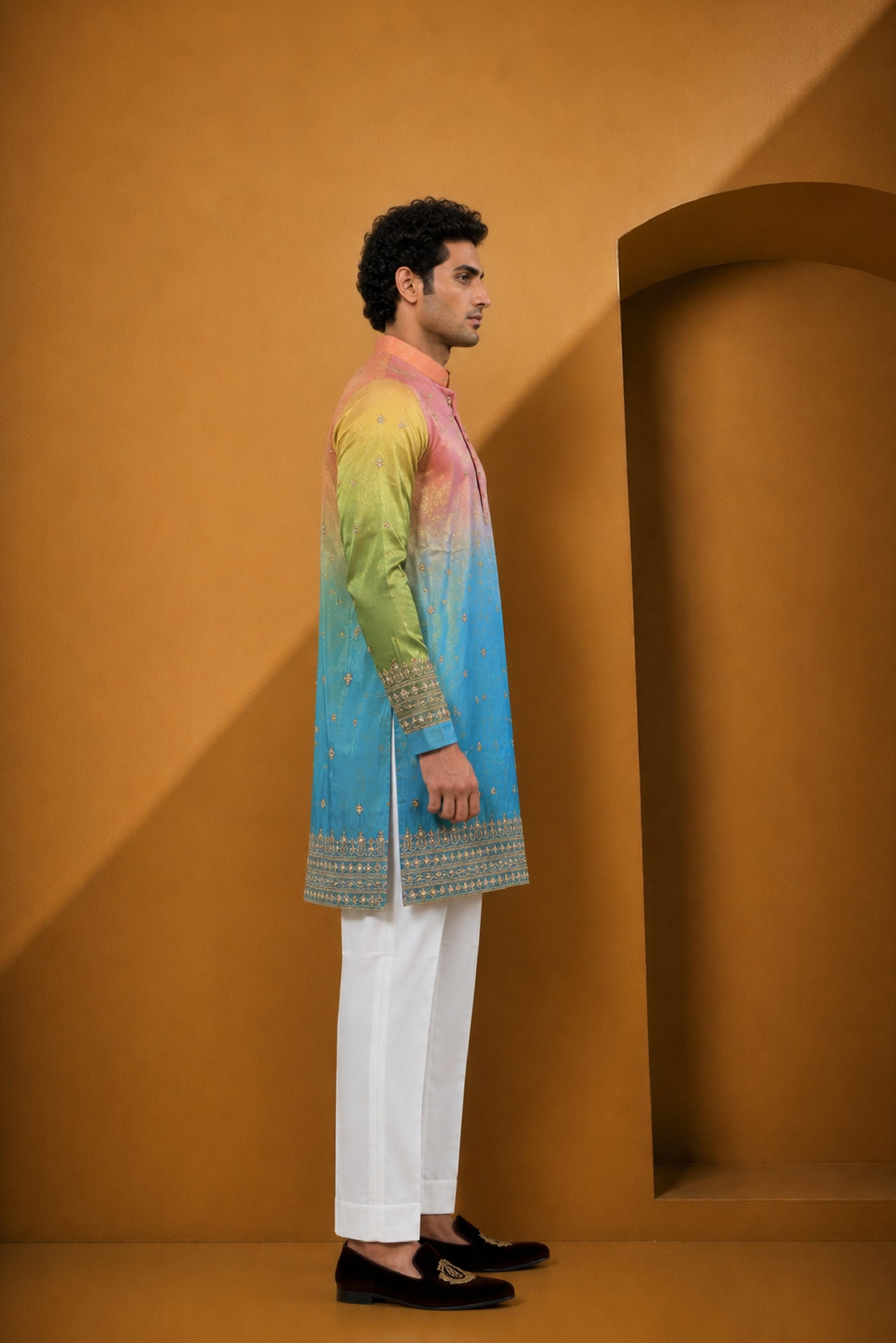 Sky Blue Silk Embroidery V Neck Parallel Pant Kurta Pajama Set for Men