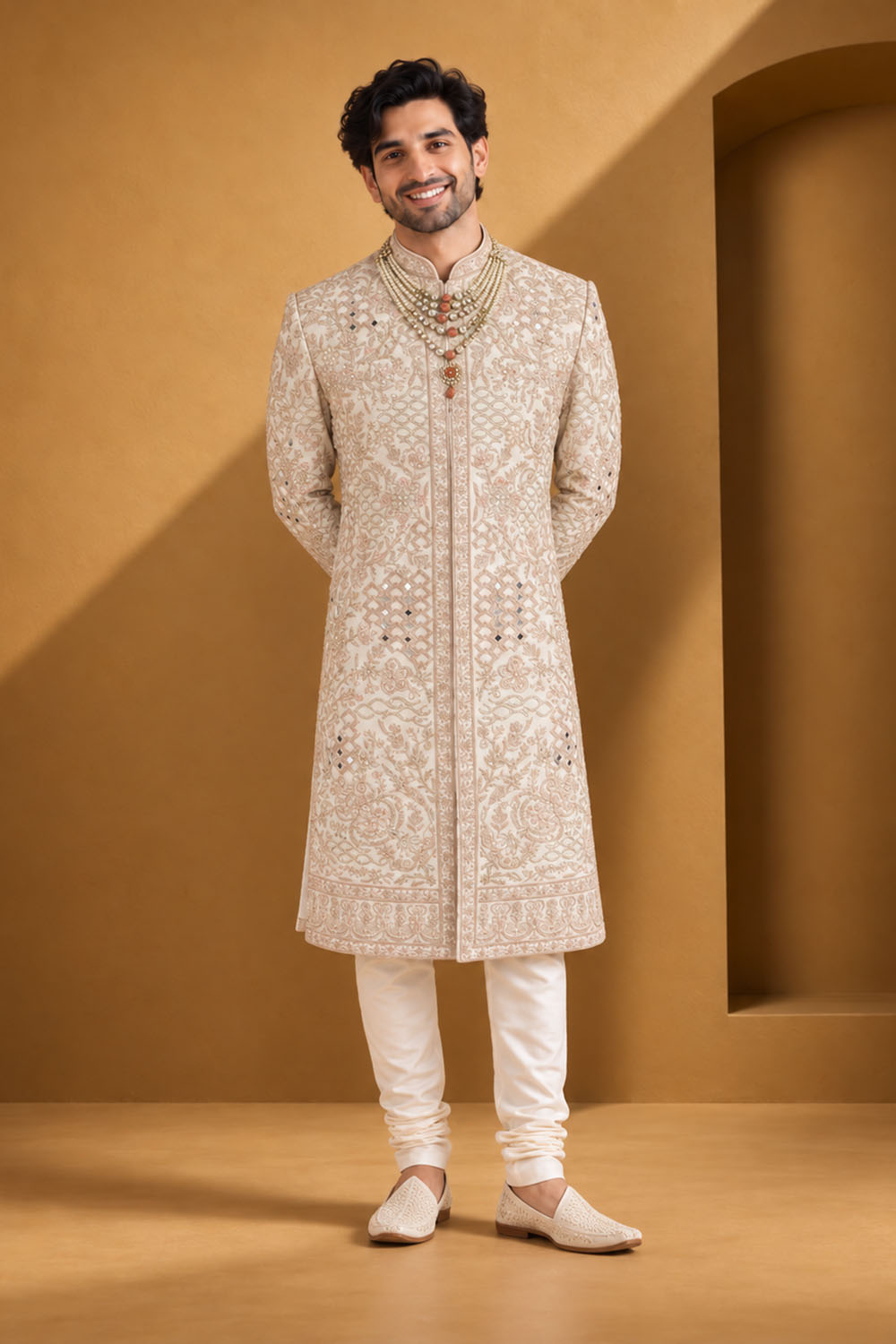 Fawn Multi TR Designer Wedding Sherwani for Men with Mirror Work