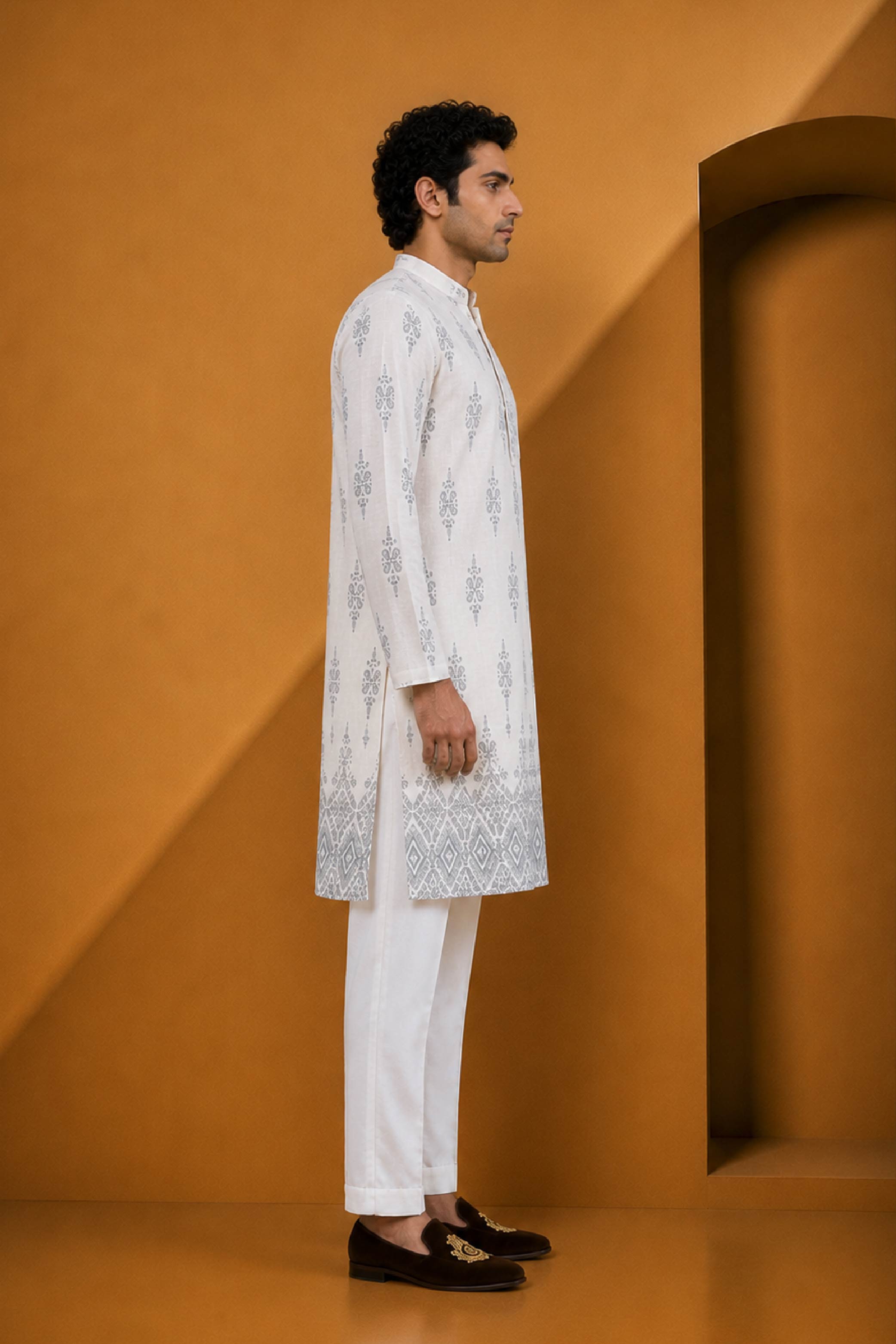 Natural Brown Linen Designer Kurta Pajama Set