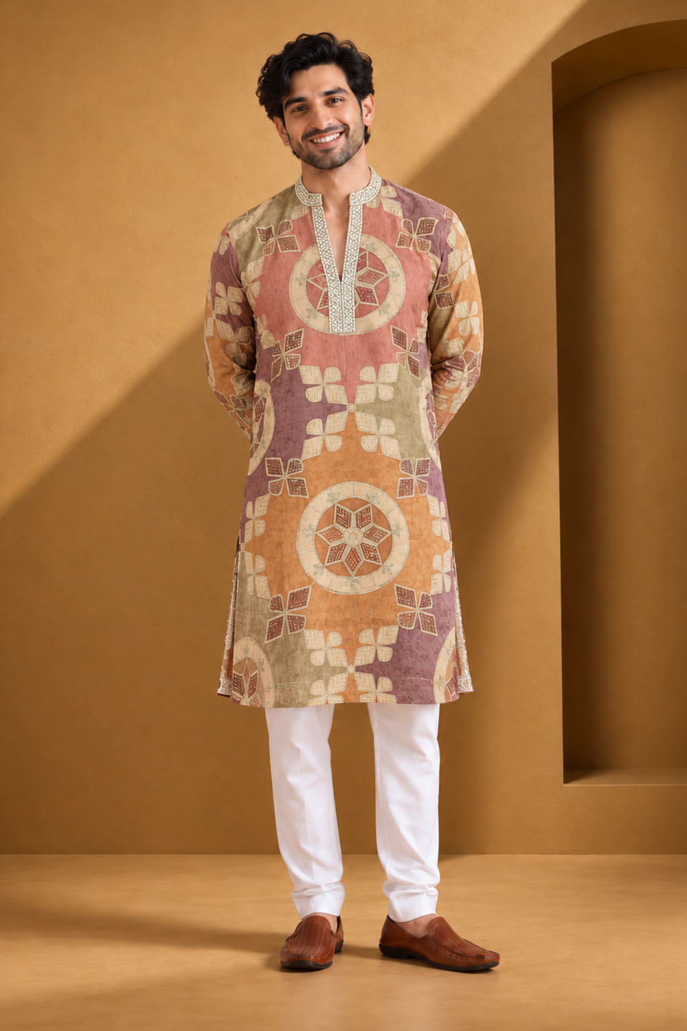 Party Wear Kurta Pajama in Onion Multi with Parallel Pant
