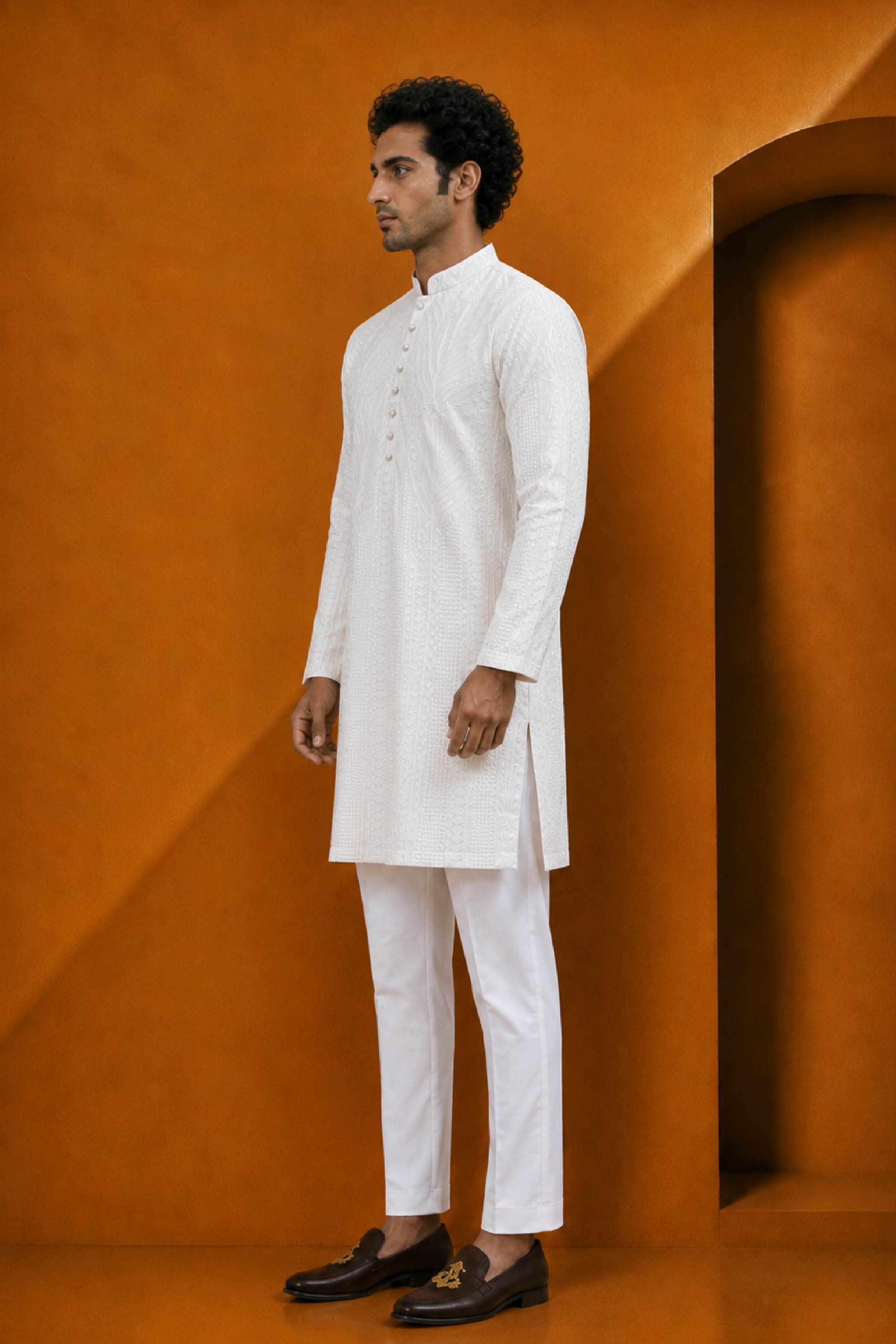 White Lakhnavi Print Kurta Pajama Set