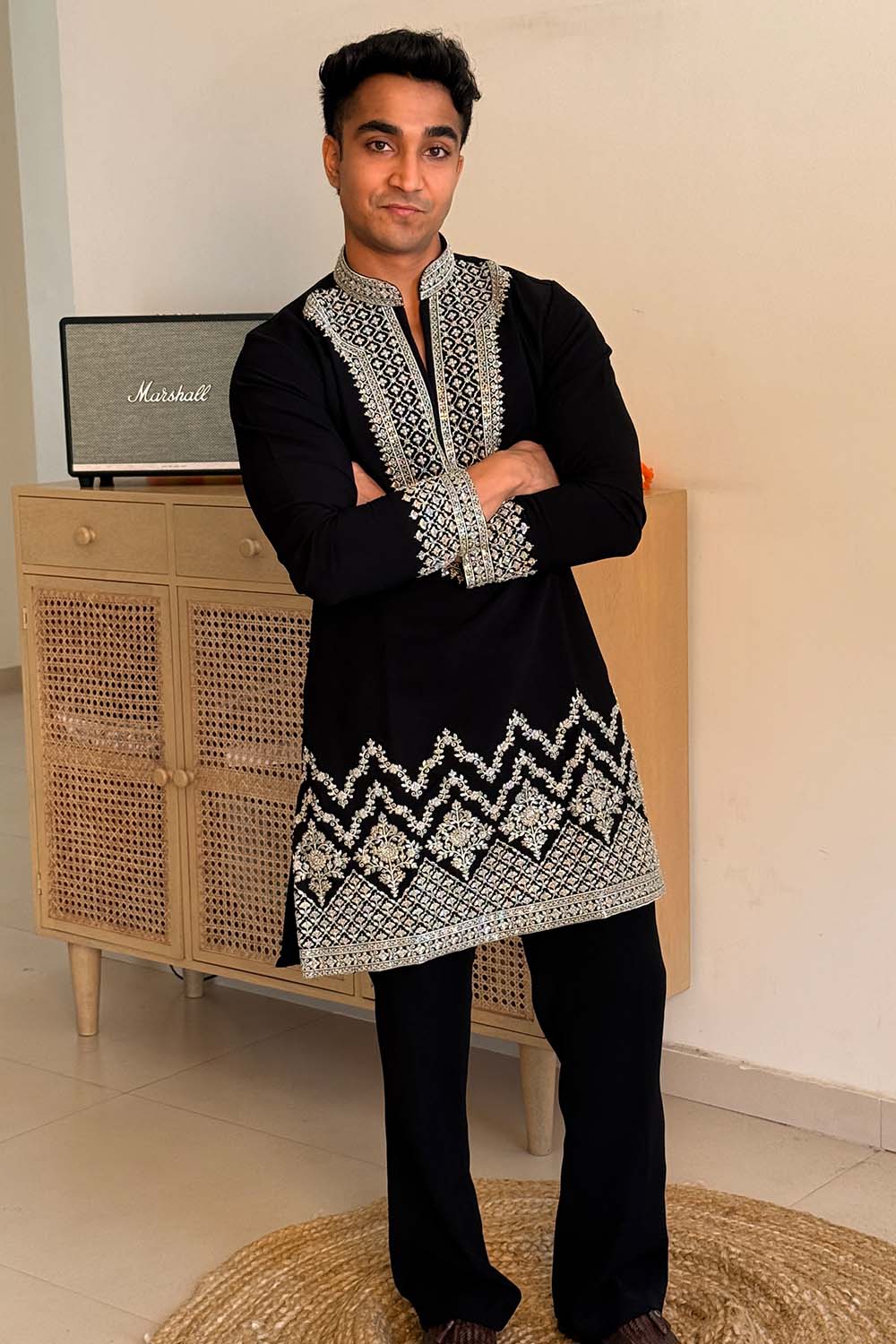 Party Wear Kurta Pajama Black Color Parallel Pant Style