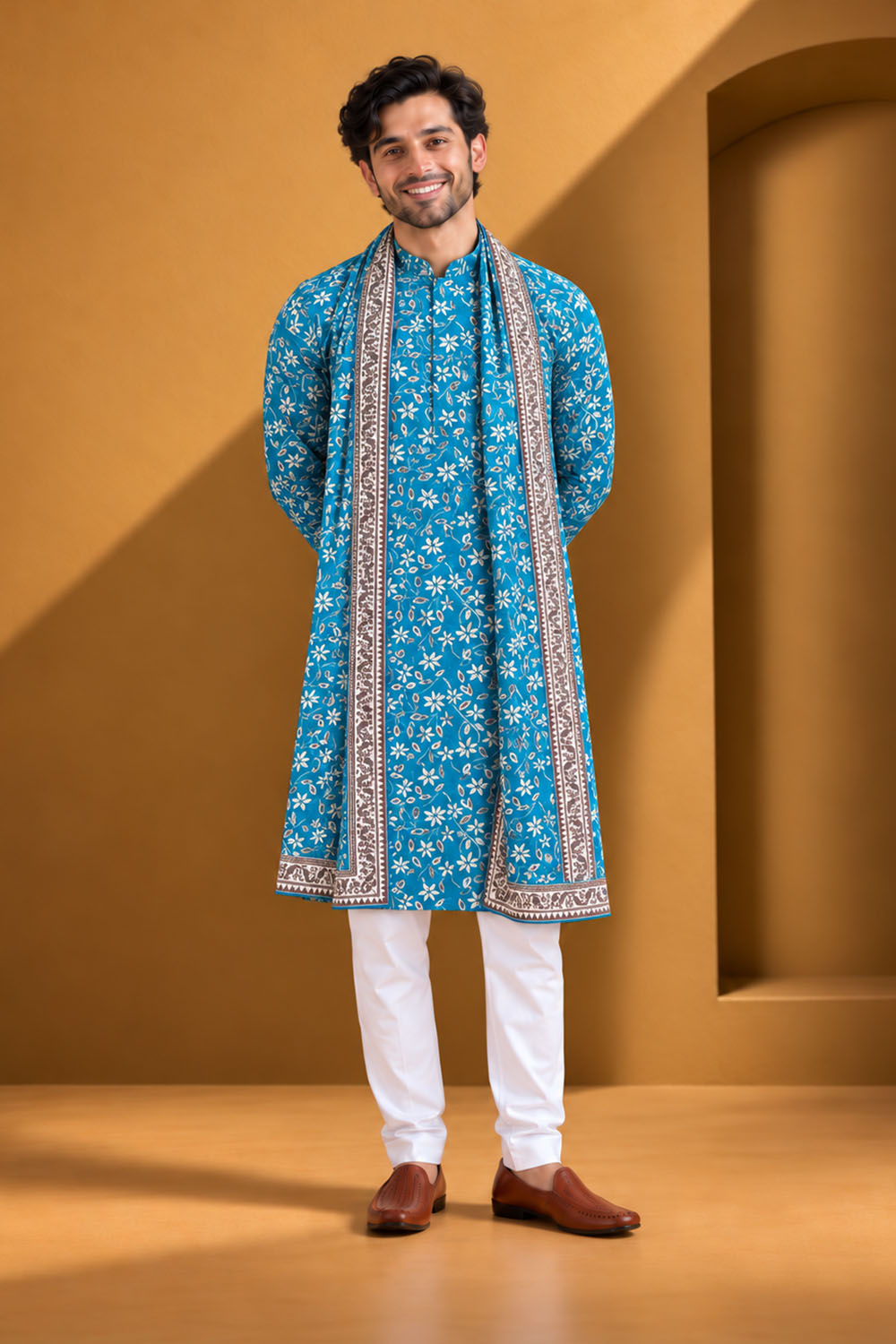 Party Wear Kurta Pajama in Ferozi with Dupatta