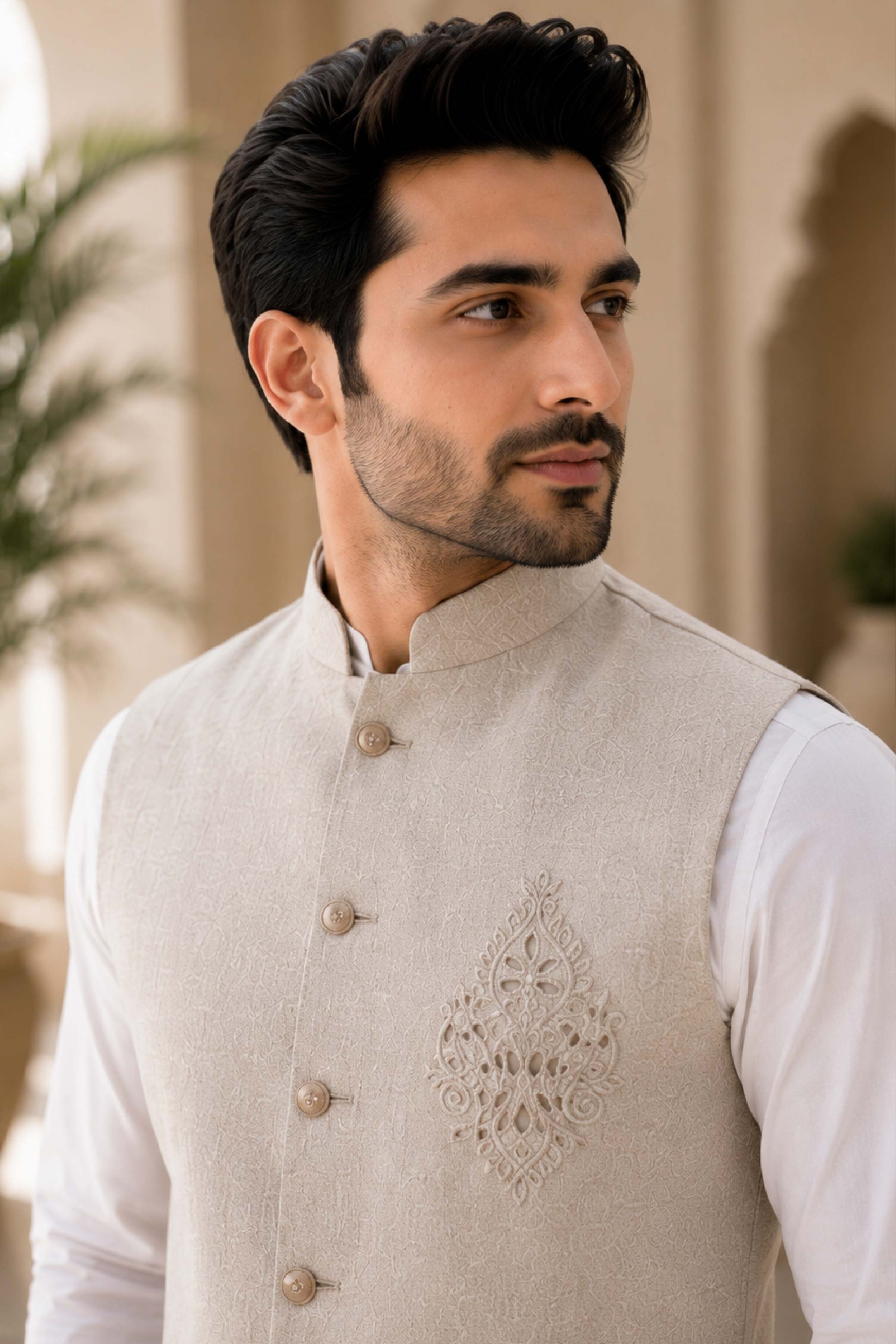 Fawn Jute Linen Plain Jodhpuri Designer Summer Suit for Men