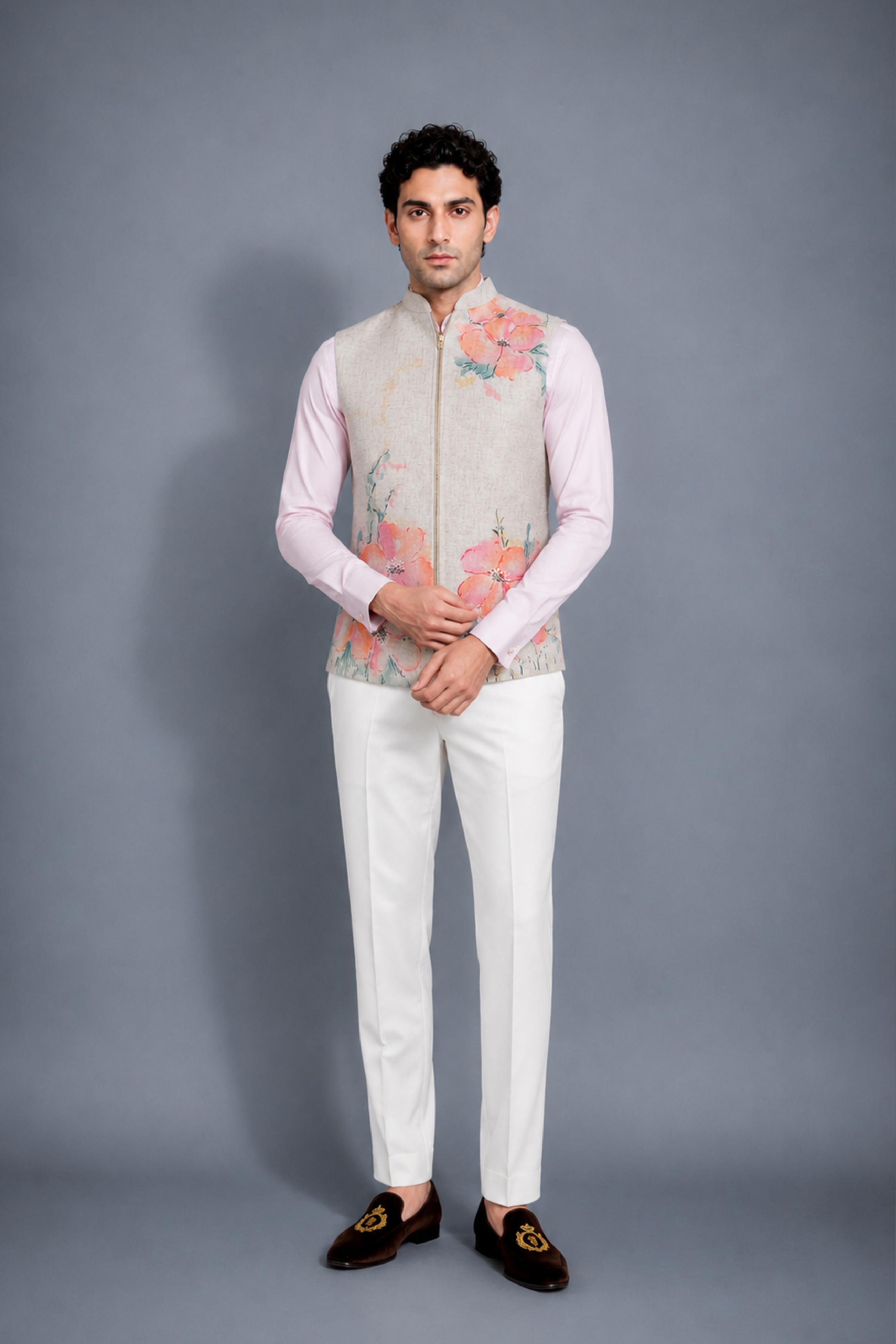 Fawn Peach Jute Print Jodhpuri Designer Waist Coat for Men