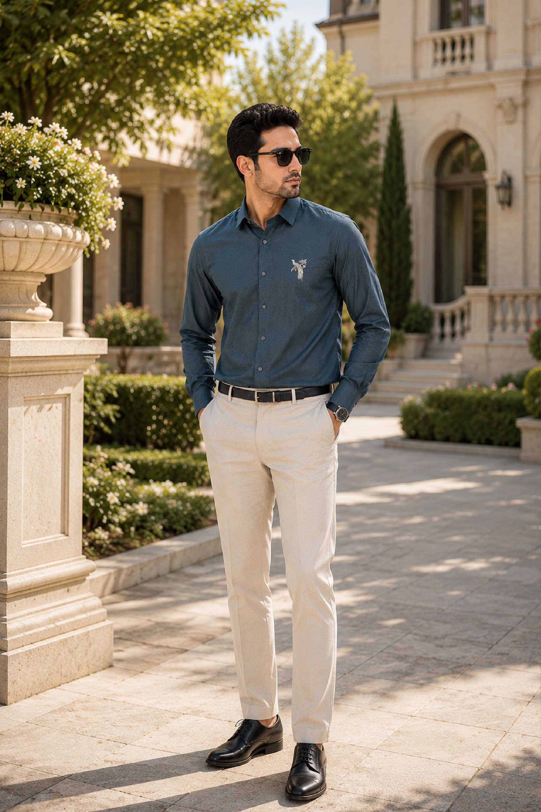 Green Linen Embroidery Regular Collar Designer FS Shirt for Men