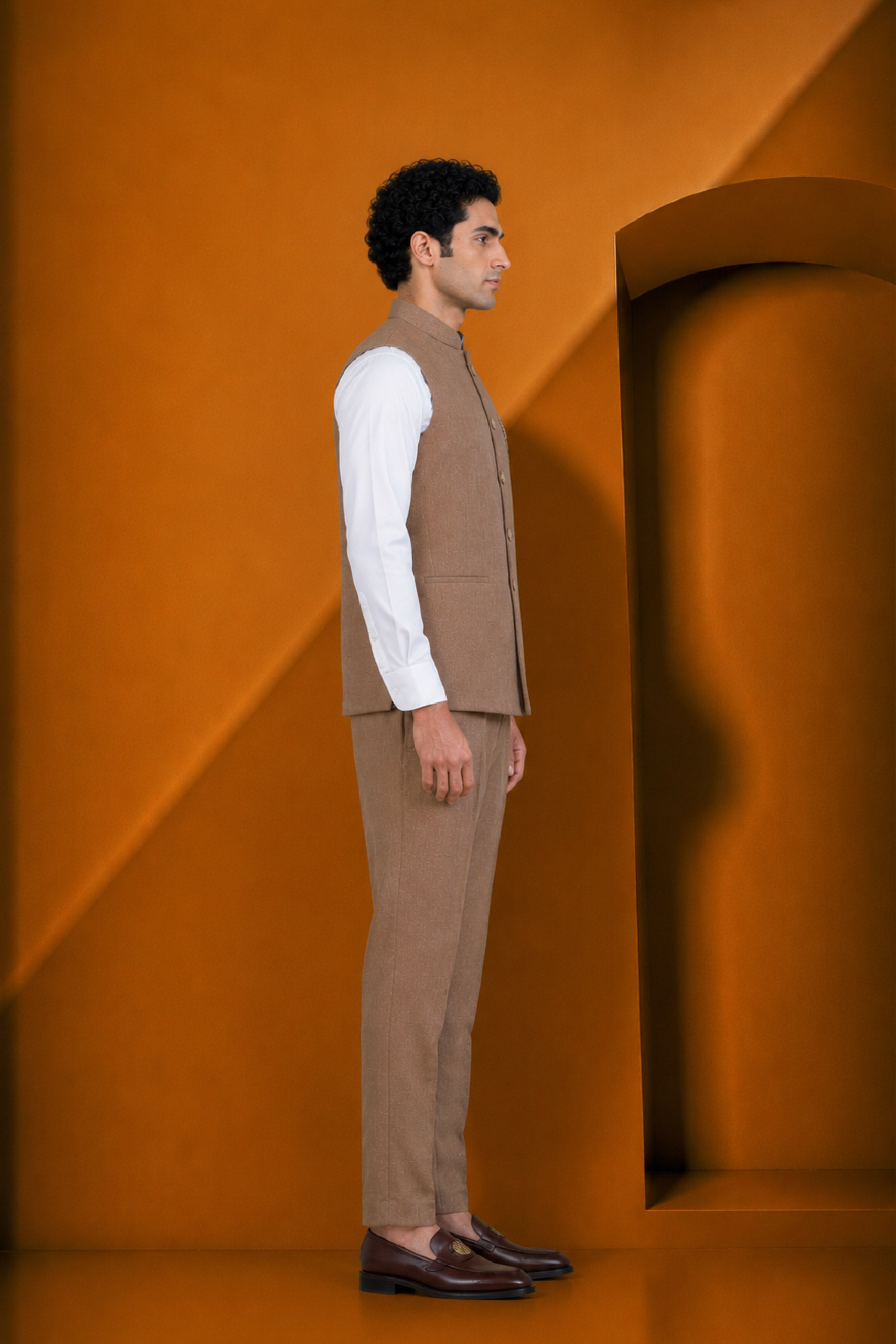 Brown Jute Linen Plain Jodhpuri Designer Summer Suit for Men