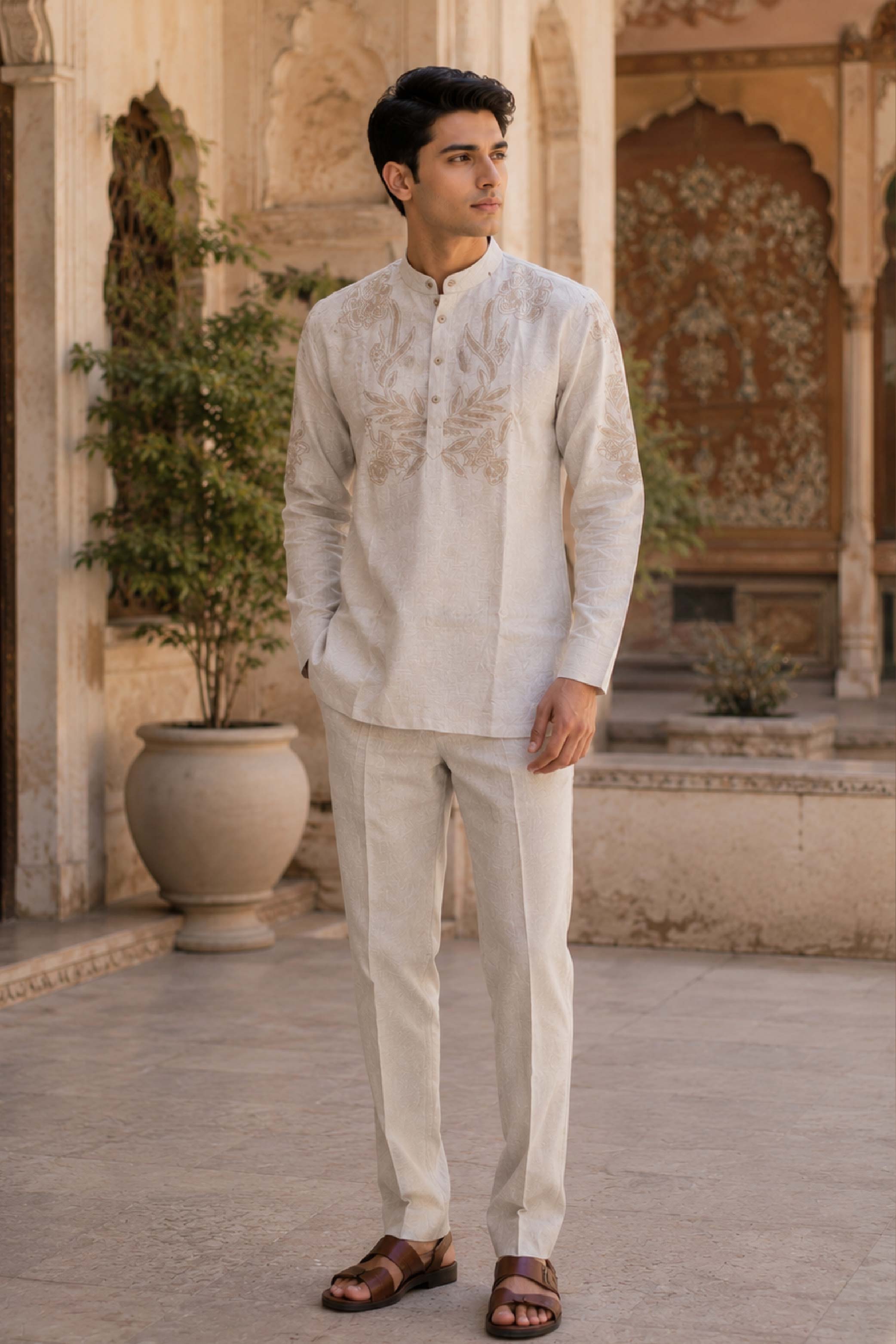 Fawn Linen Fashion Chinese Collar Designer FS Kurta for Men
