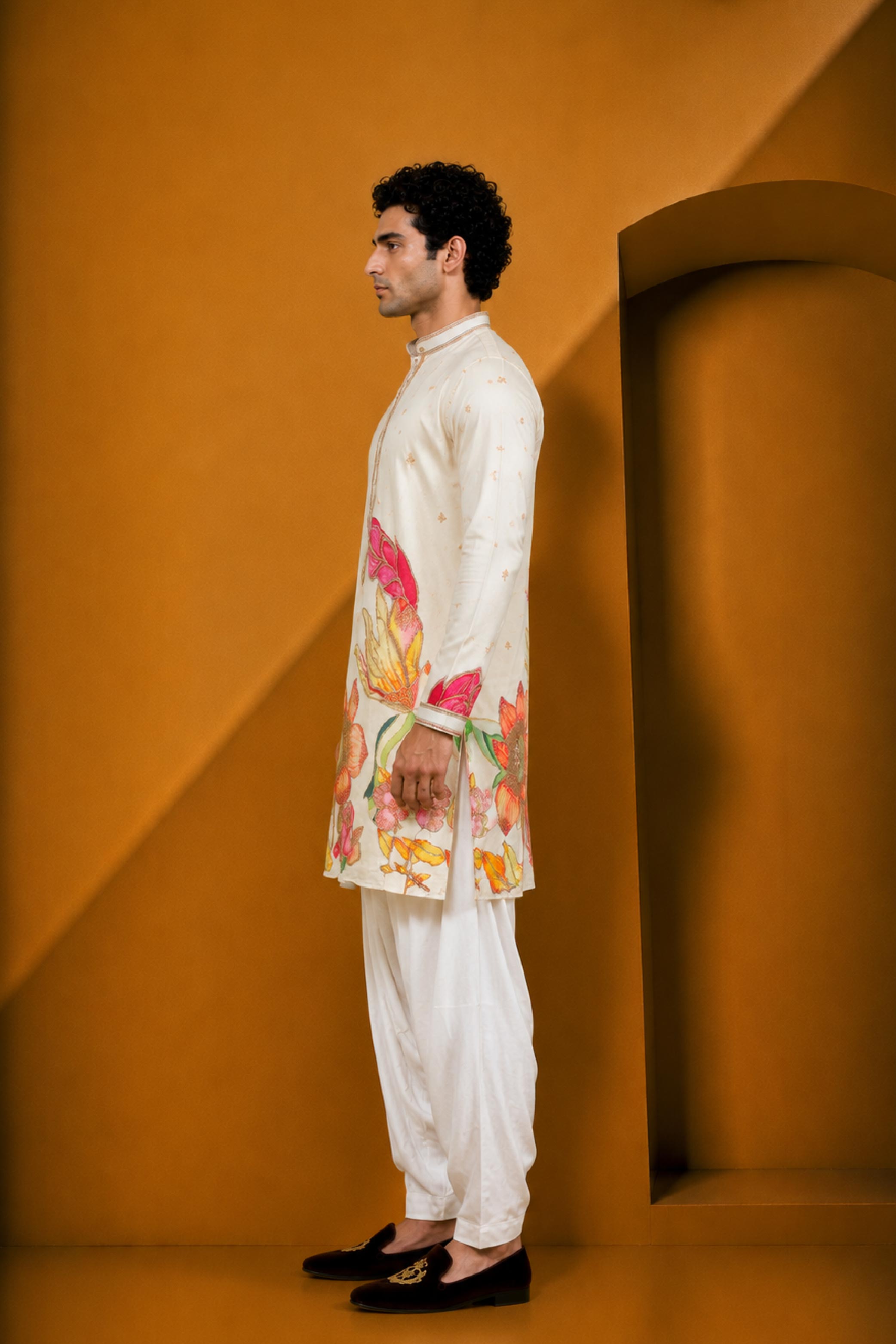 Cream Multi Silk Embroidery Jodhpuri Afghani Kurta Pajama Set for Men
